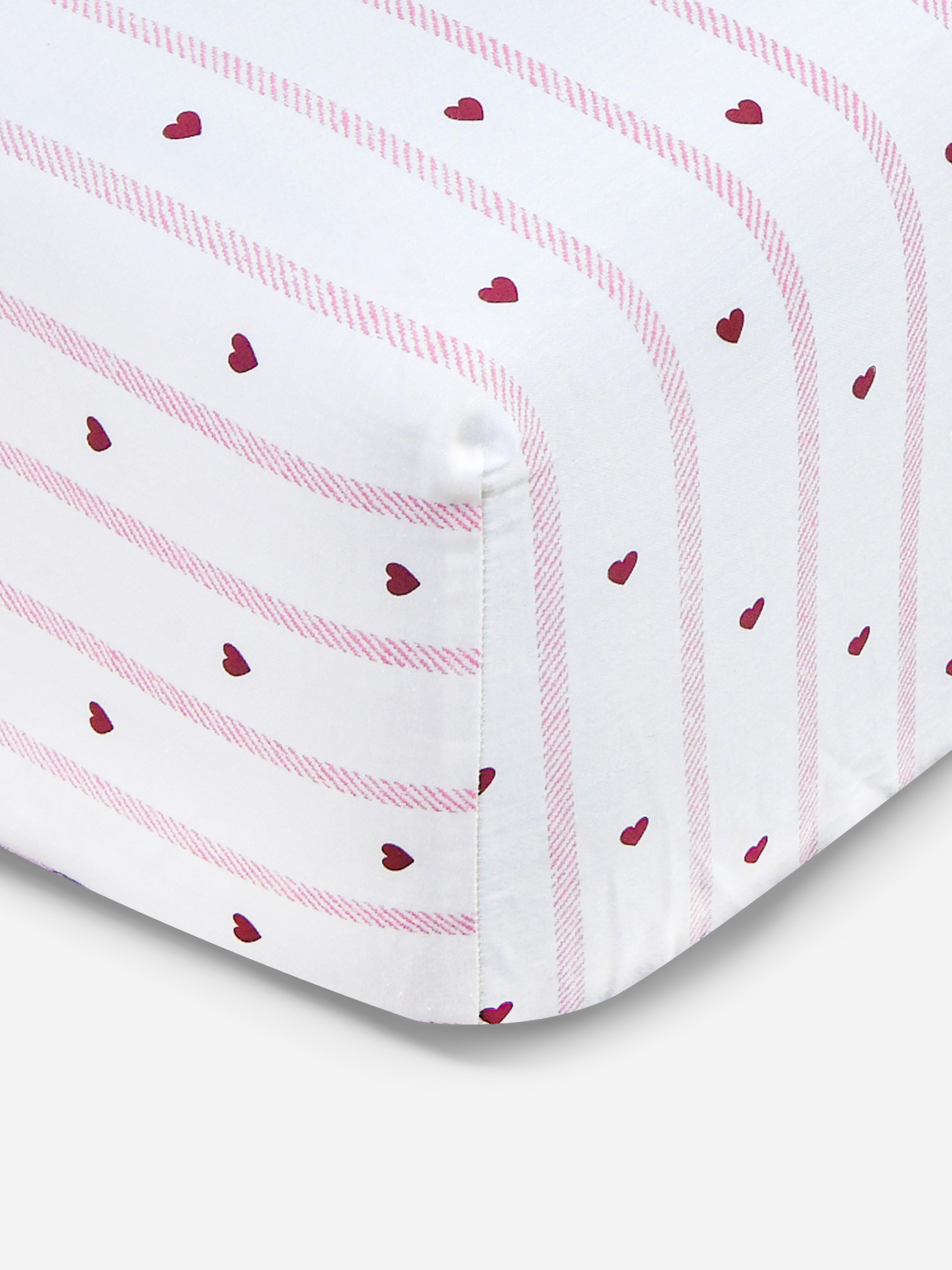 Drap-housse simple en pur coton à rayures et cœurs