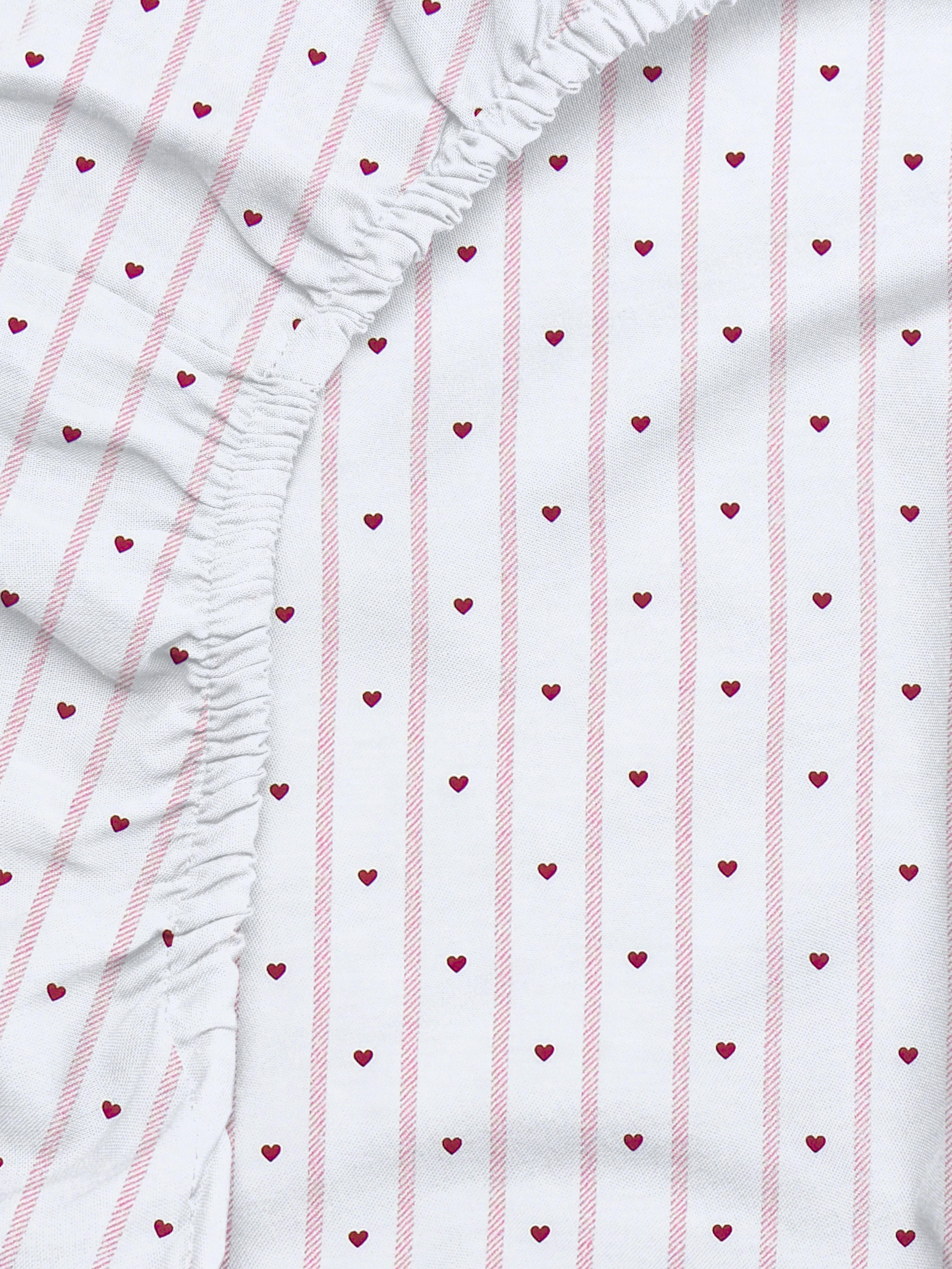 Drap-housse simple en pur coton à rayures et cœurs