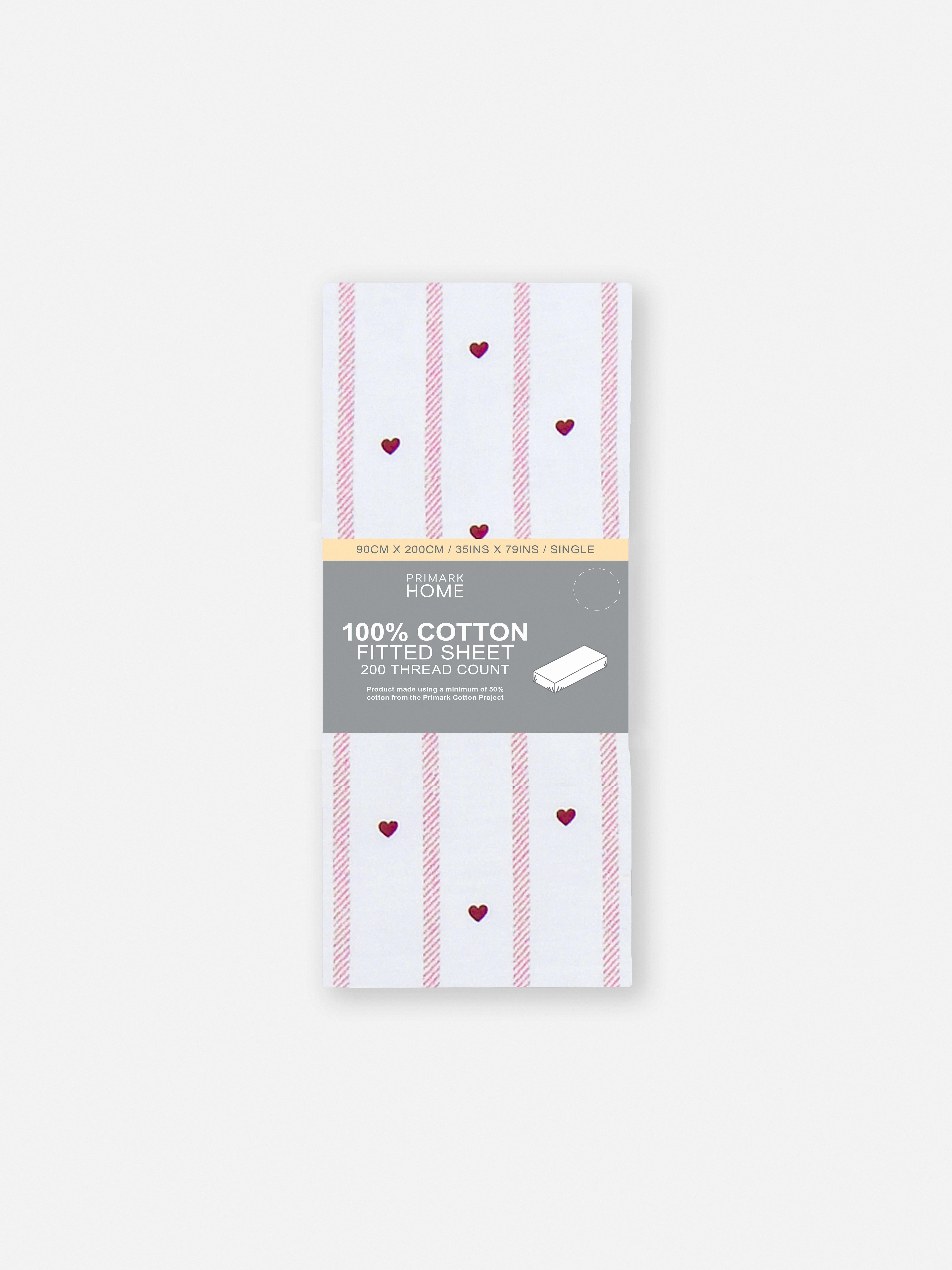 Drap-housse simple en pur coton à rayures et cœurs