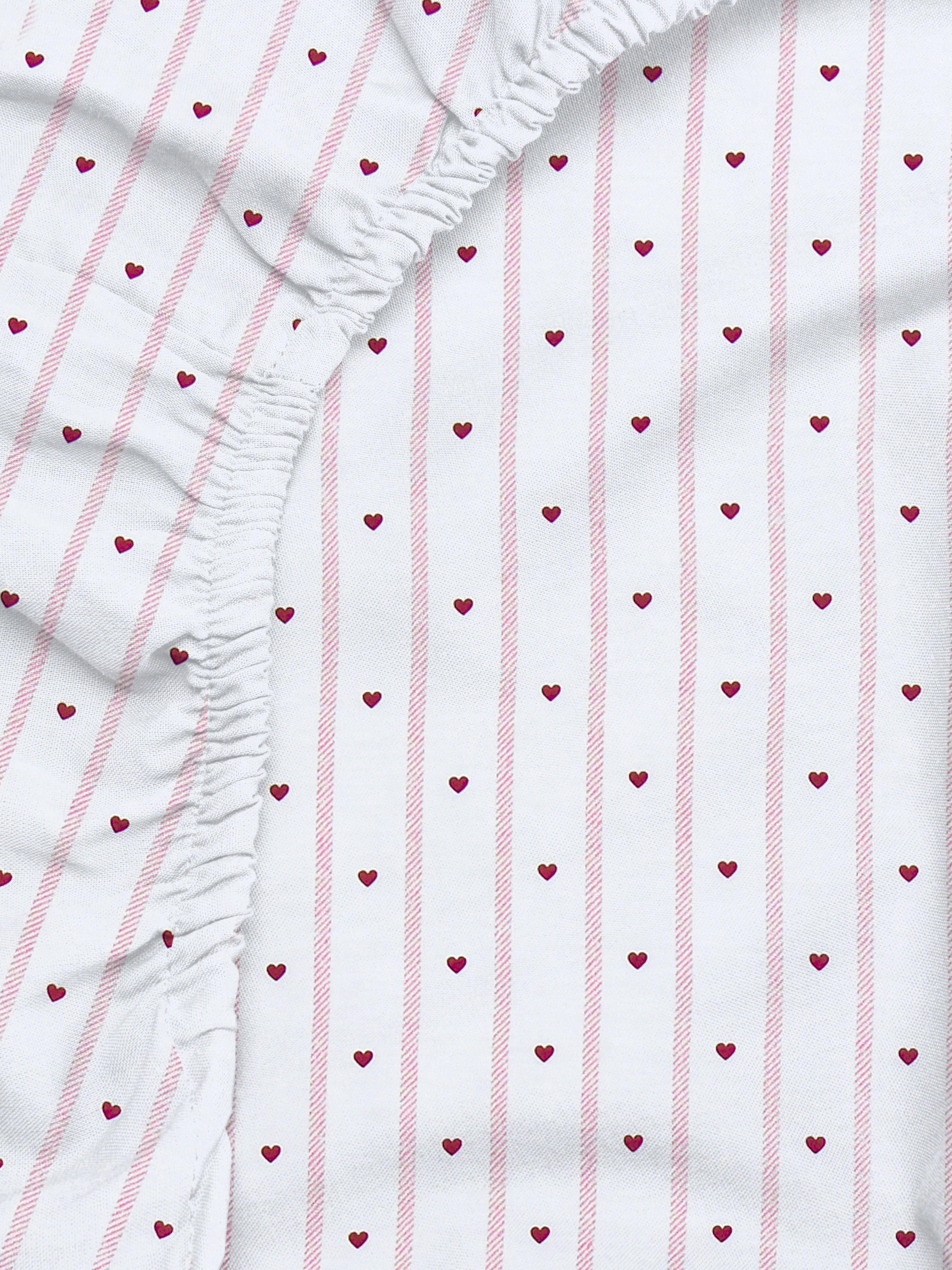 Drap-housse double en pur coton à rayures et cœurs
