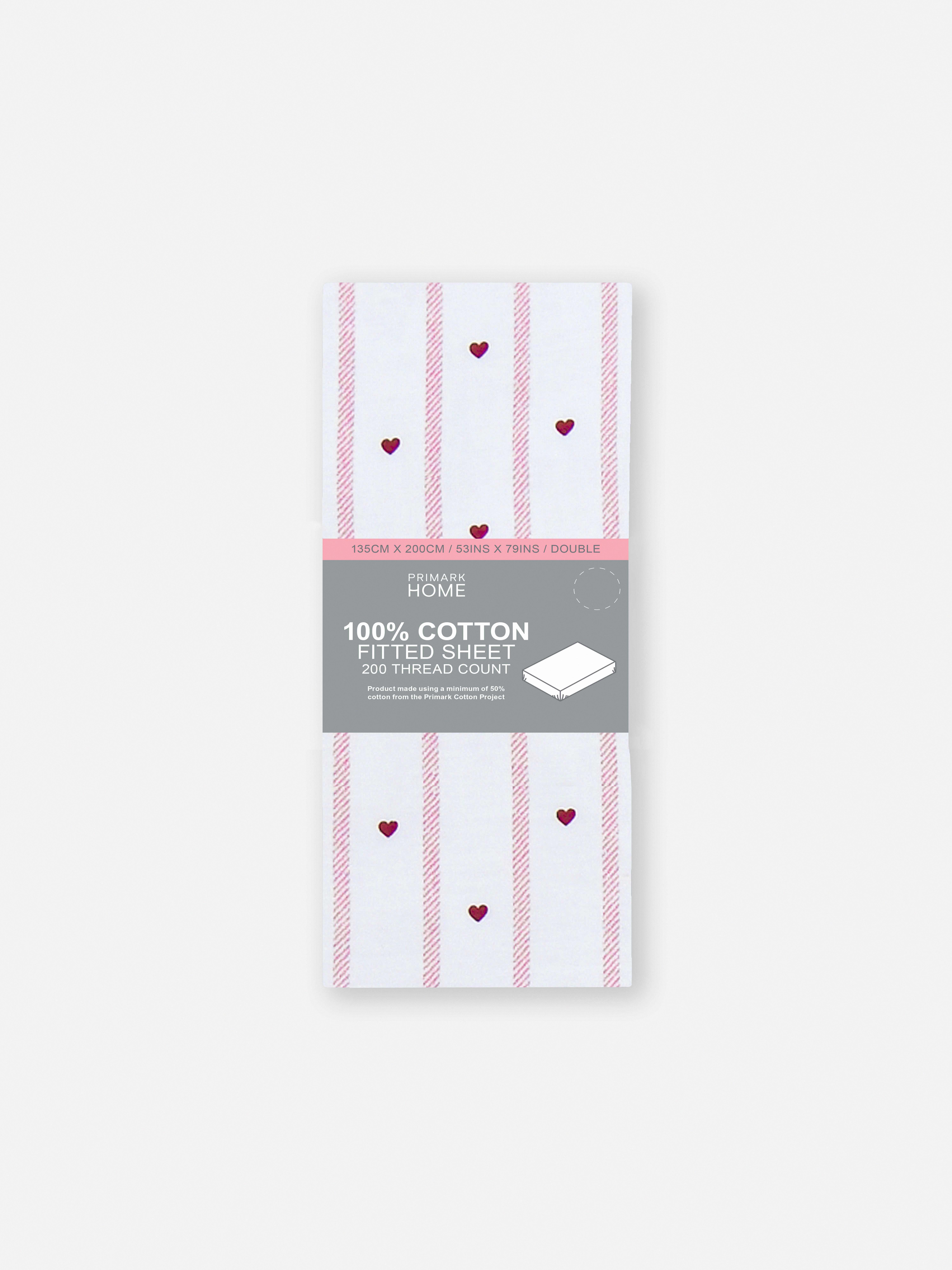 Drap-housse double en pur coton à rayures et cœurs