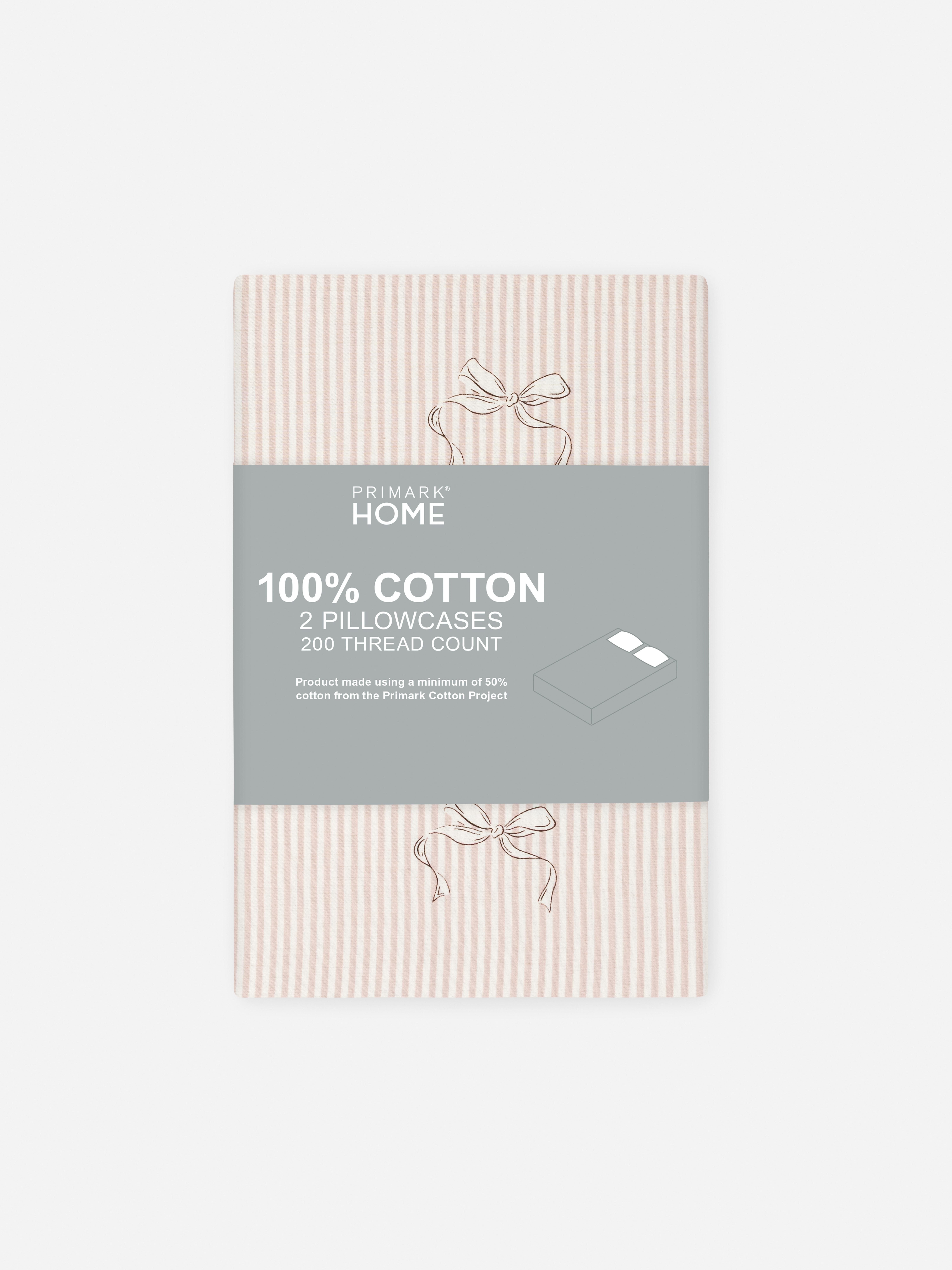 2pk Pure Cotton Bow Stripe Pillowcases