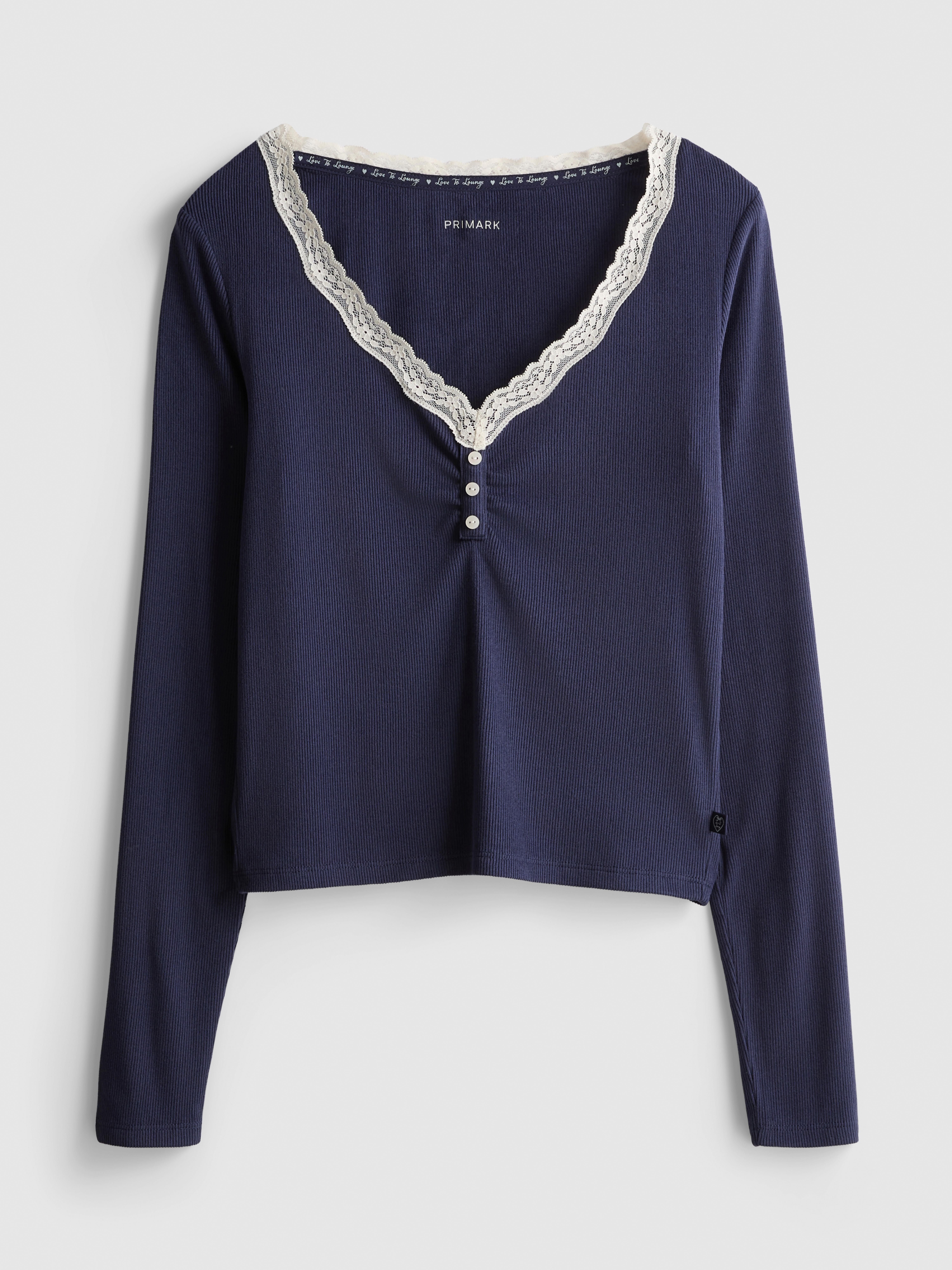 Love To Lounge Lace-Trim Ribbed Long-Sleeve Pajama Top