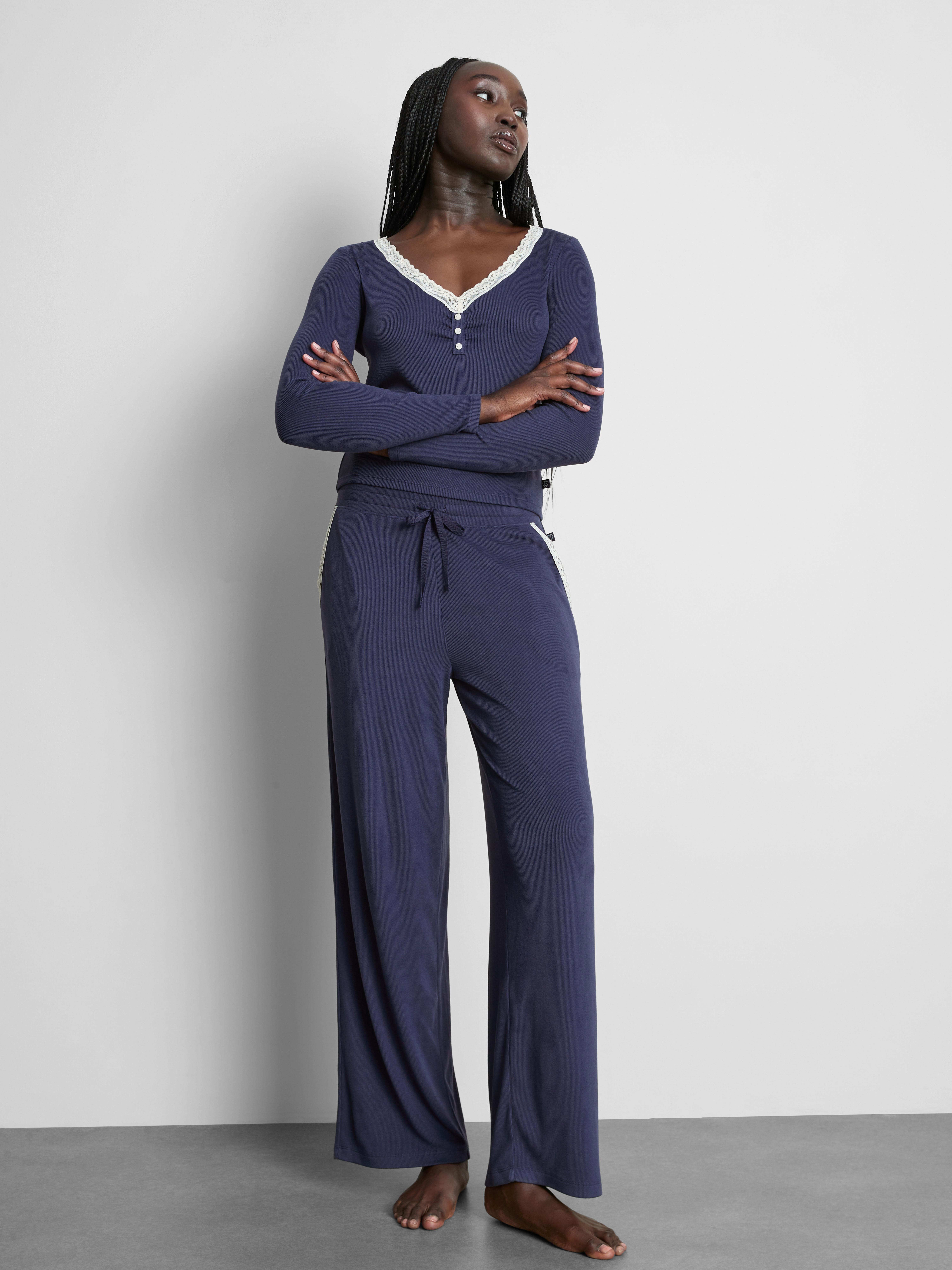 Women's Navy Love To Lounge Ribbed Lace-Trim Pajama Bottoms | Primark