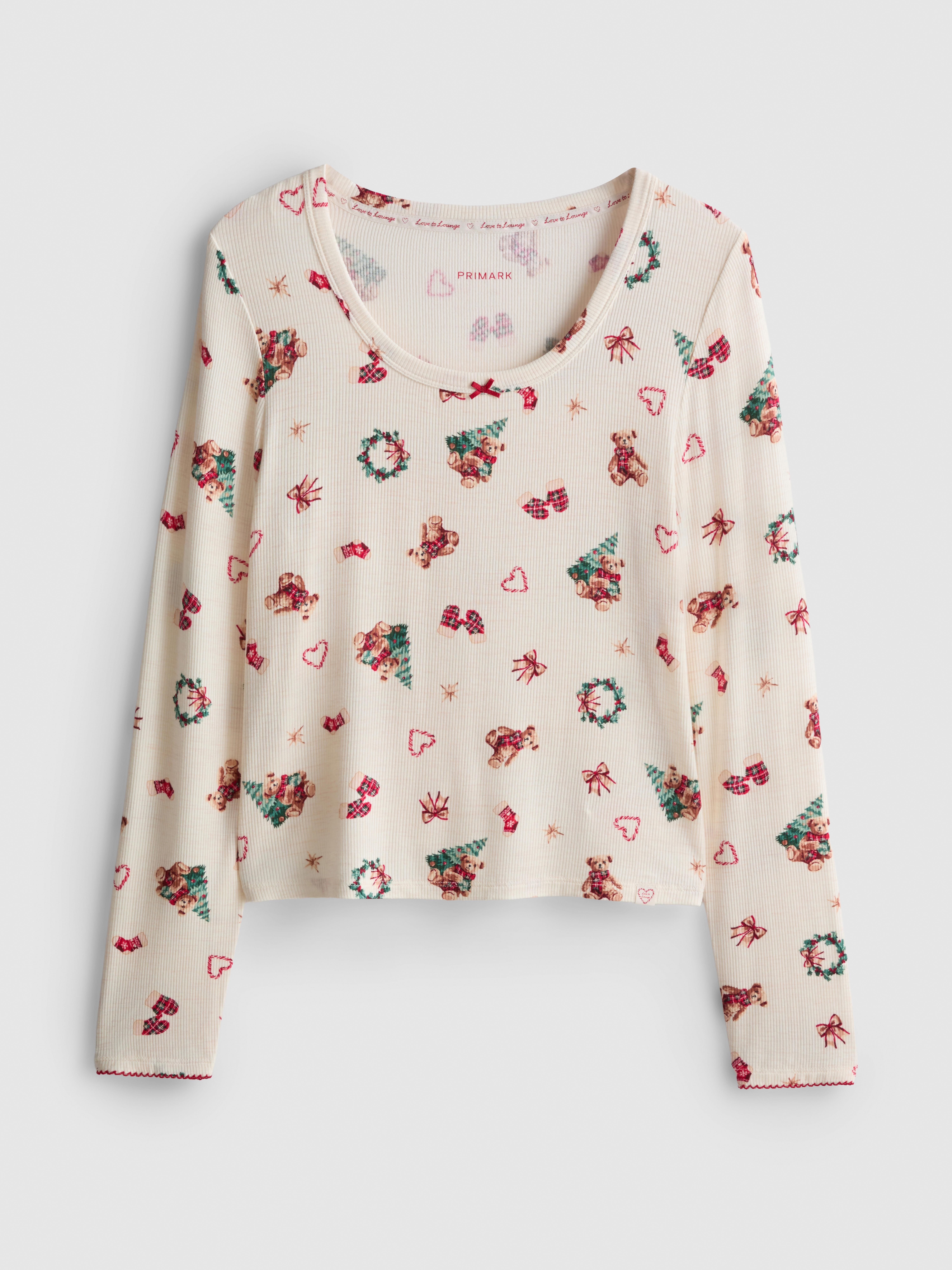 Love To Lounge Christmas Ribbed Bear-Print Pajama Top