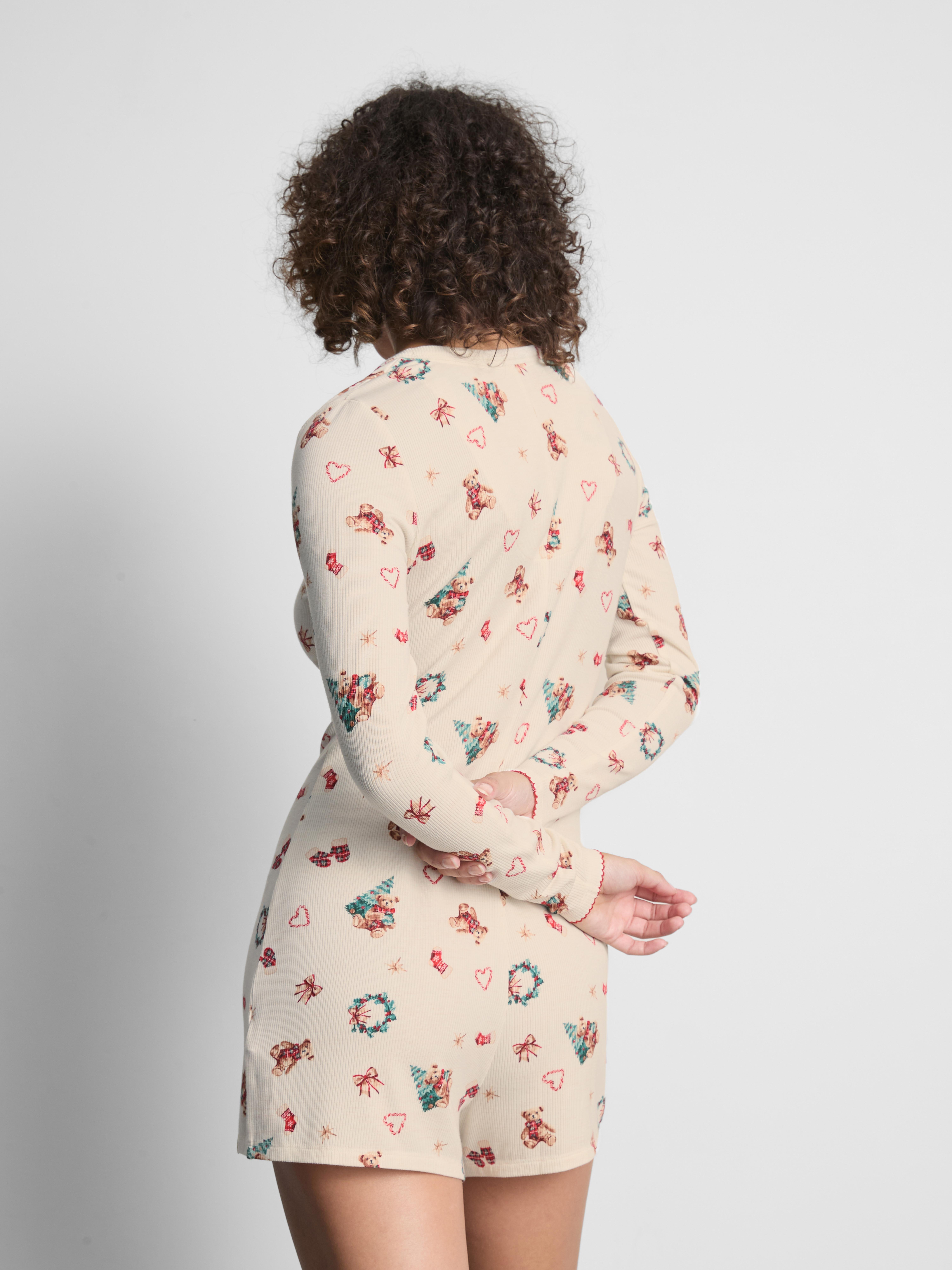 Love To Lounge Christmas Ribbed Bear-Print Romper