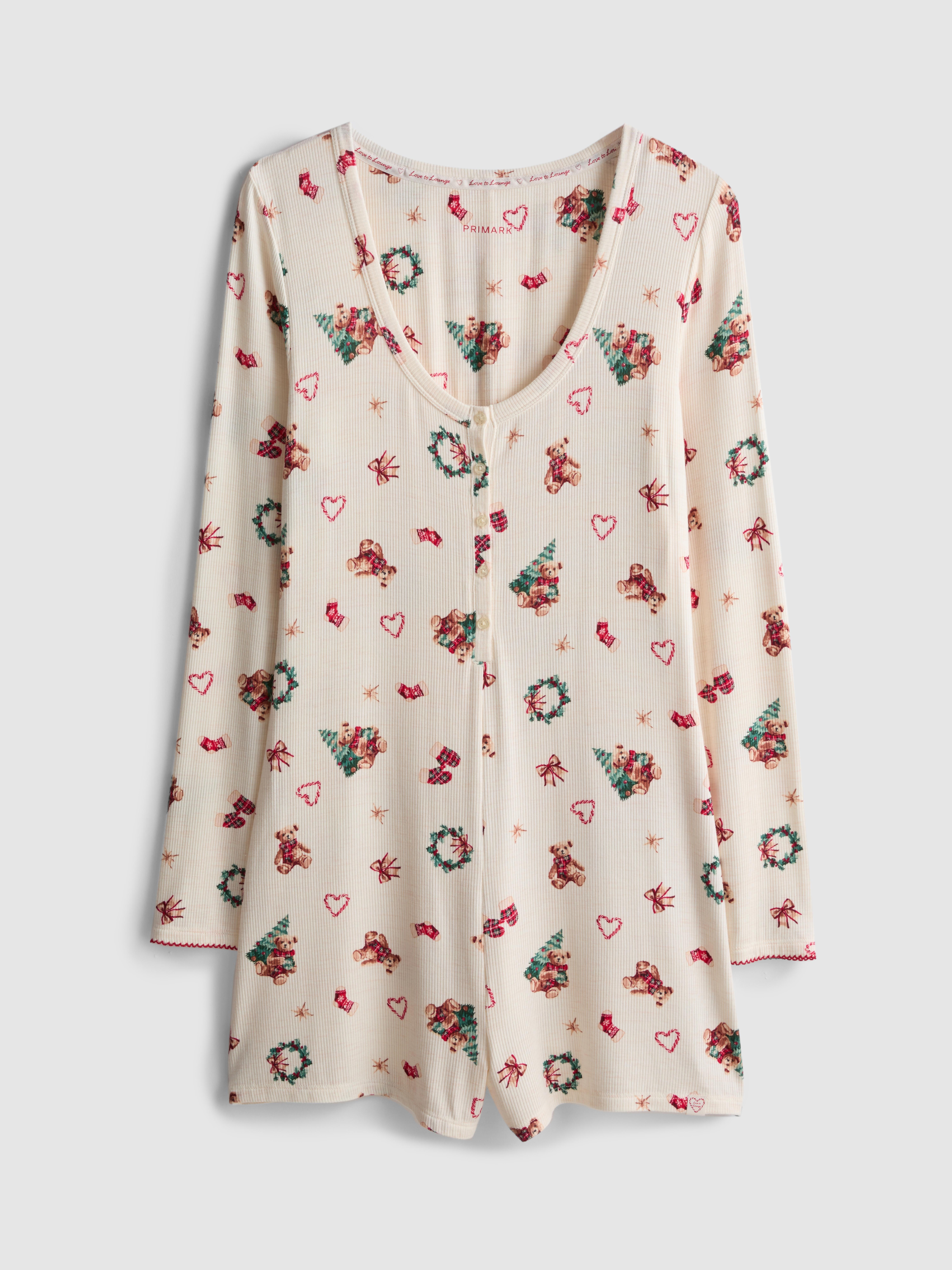 Love To Lounge Christmas Ribbed Bear-Print Romper