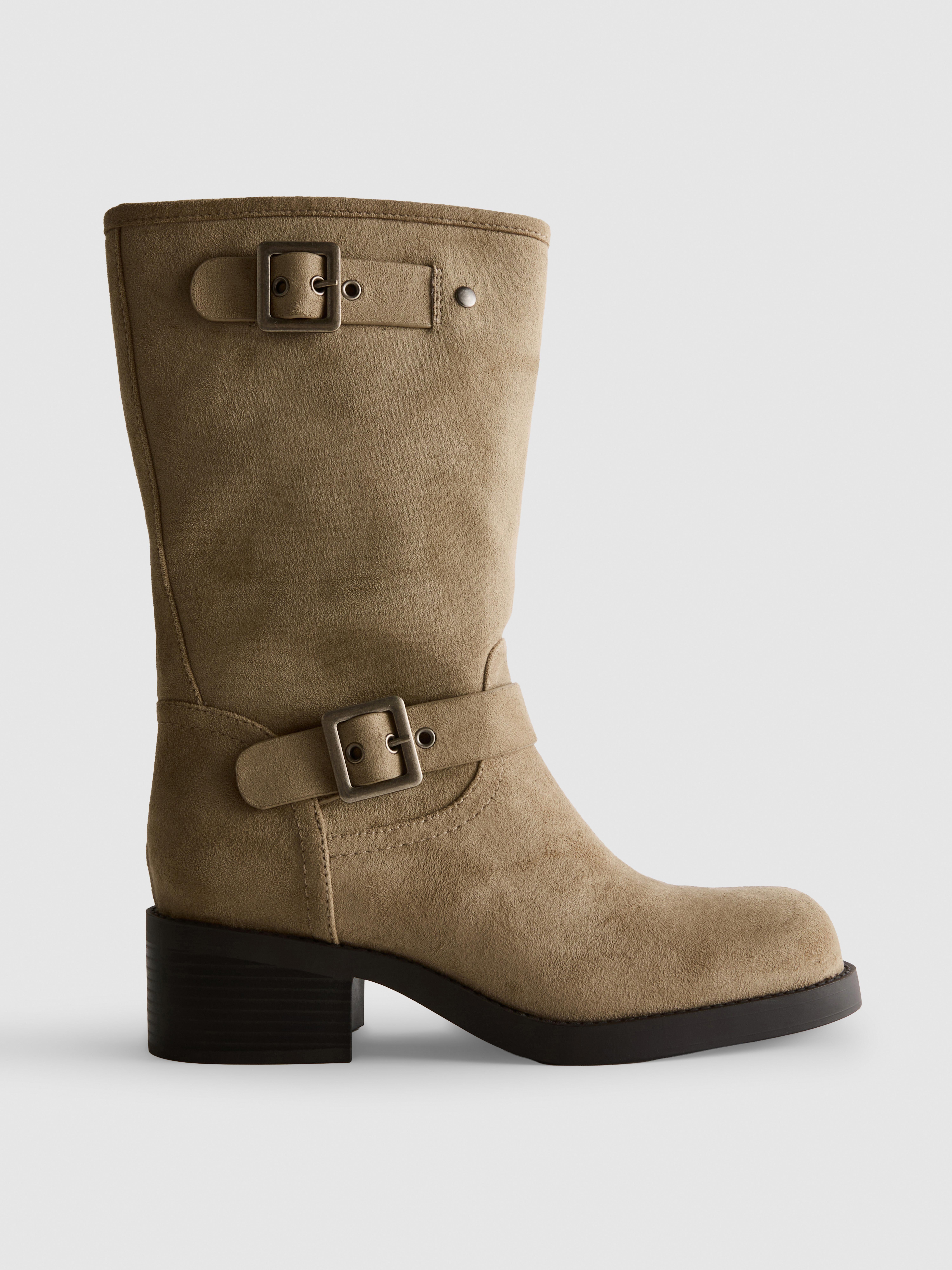 Faux Suede Mid Calf Biker Boots