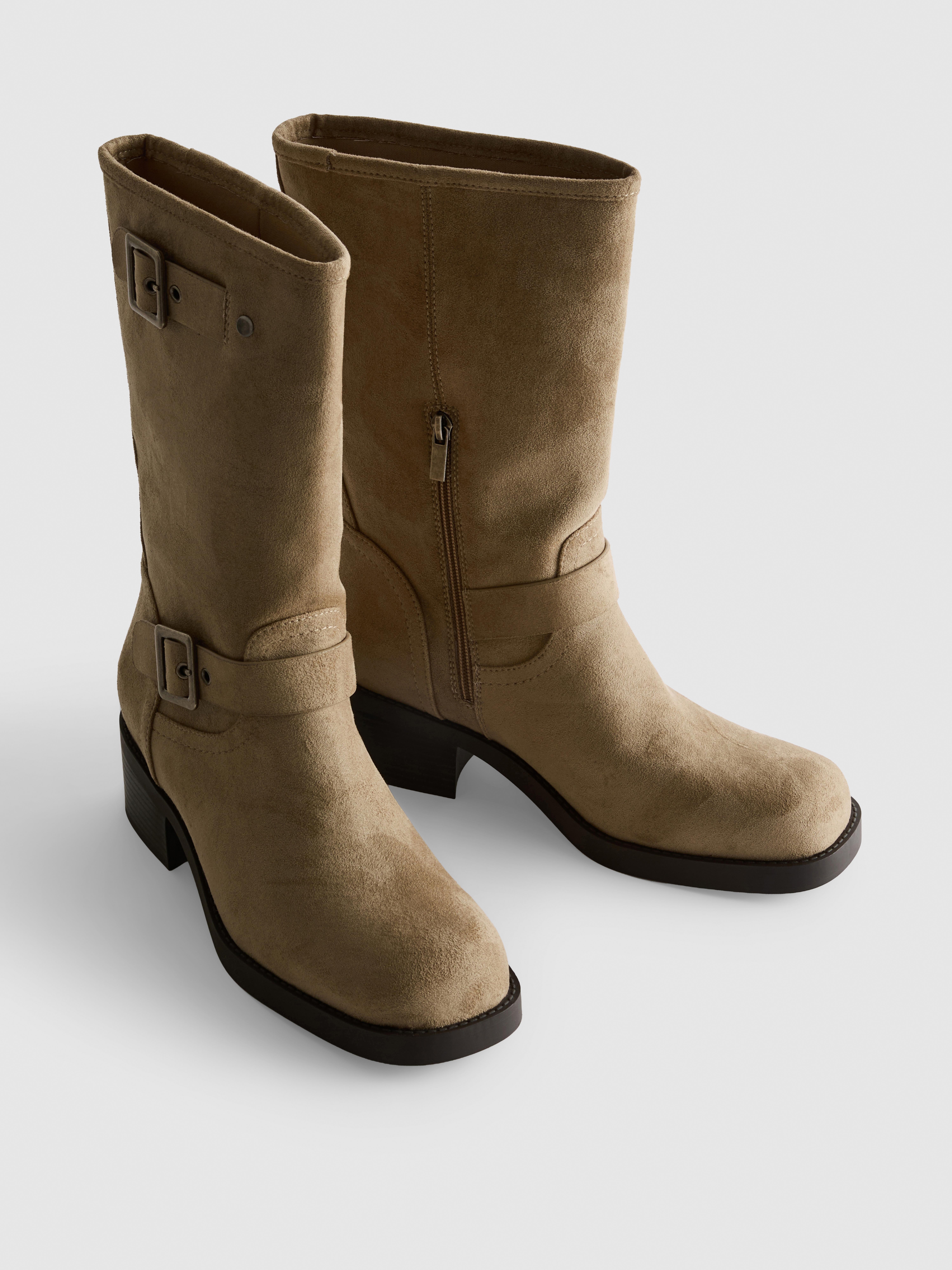 Faux Suede Mid-Calf Biker Boots