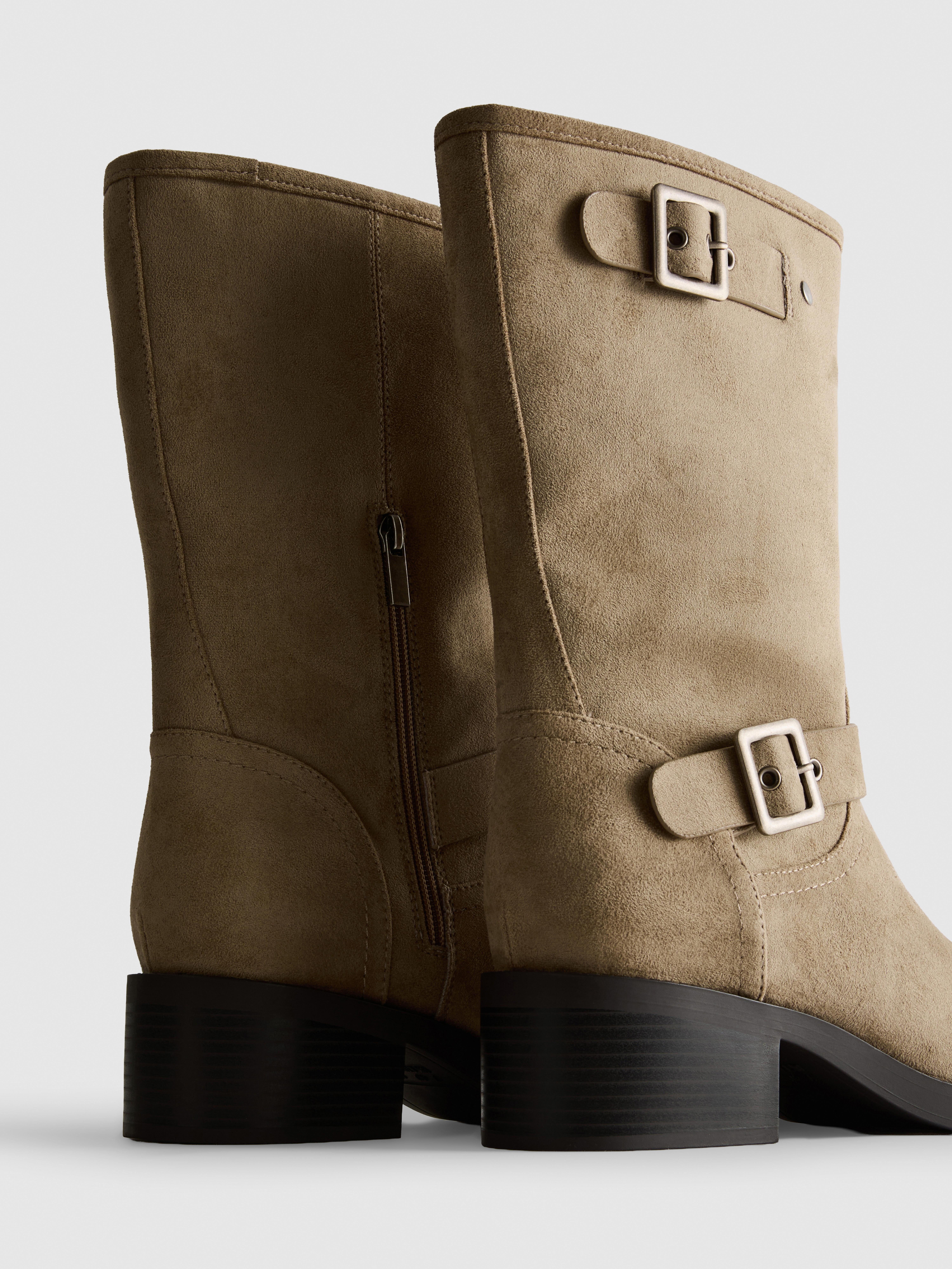 Faux Suede Mid-Calf Biker Boots