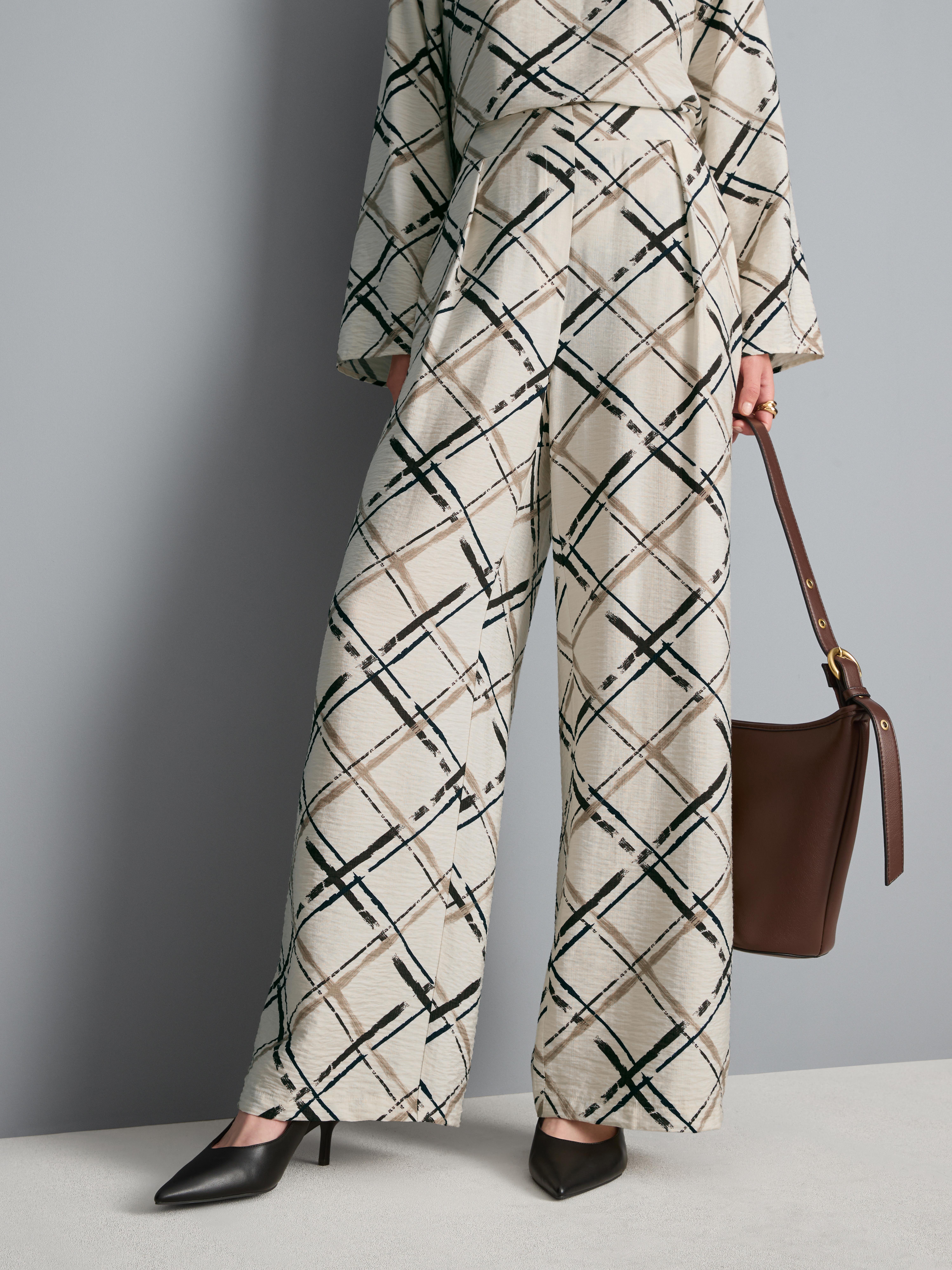 Pantalon large à taille mi-haute et carreaux
