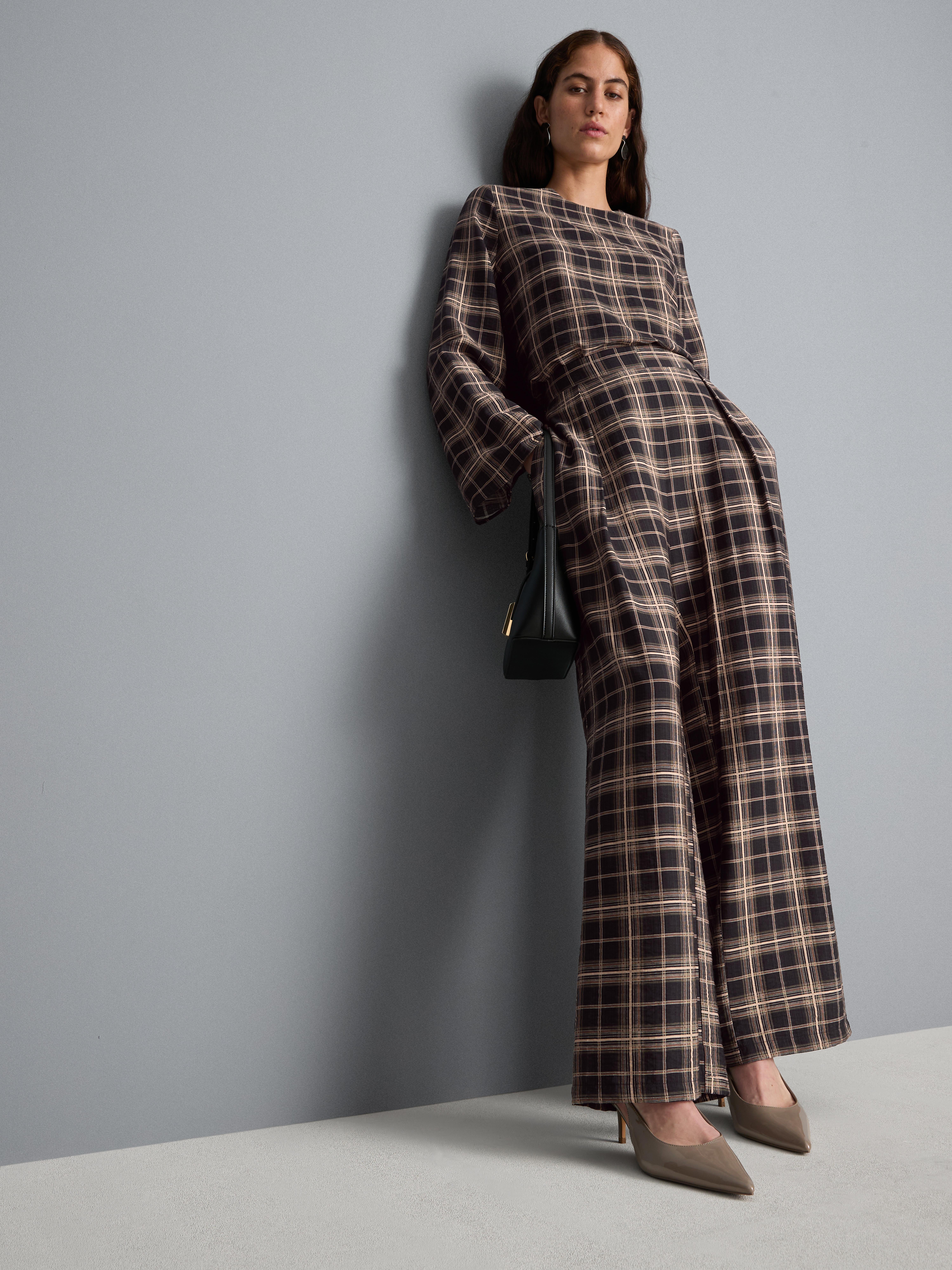 Pantalon large à taille mi-haute et carreaux