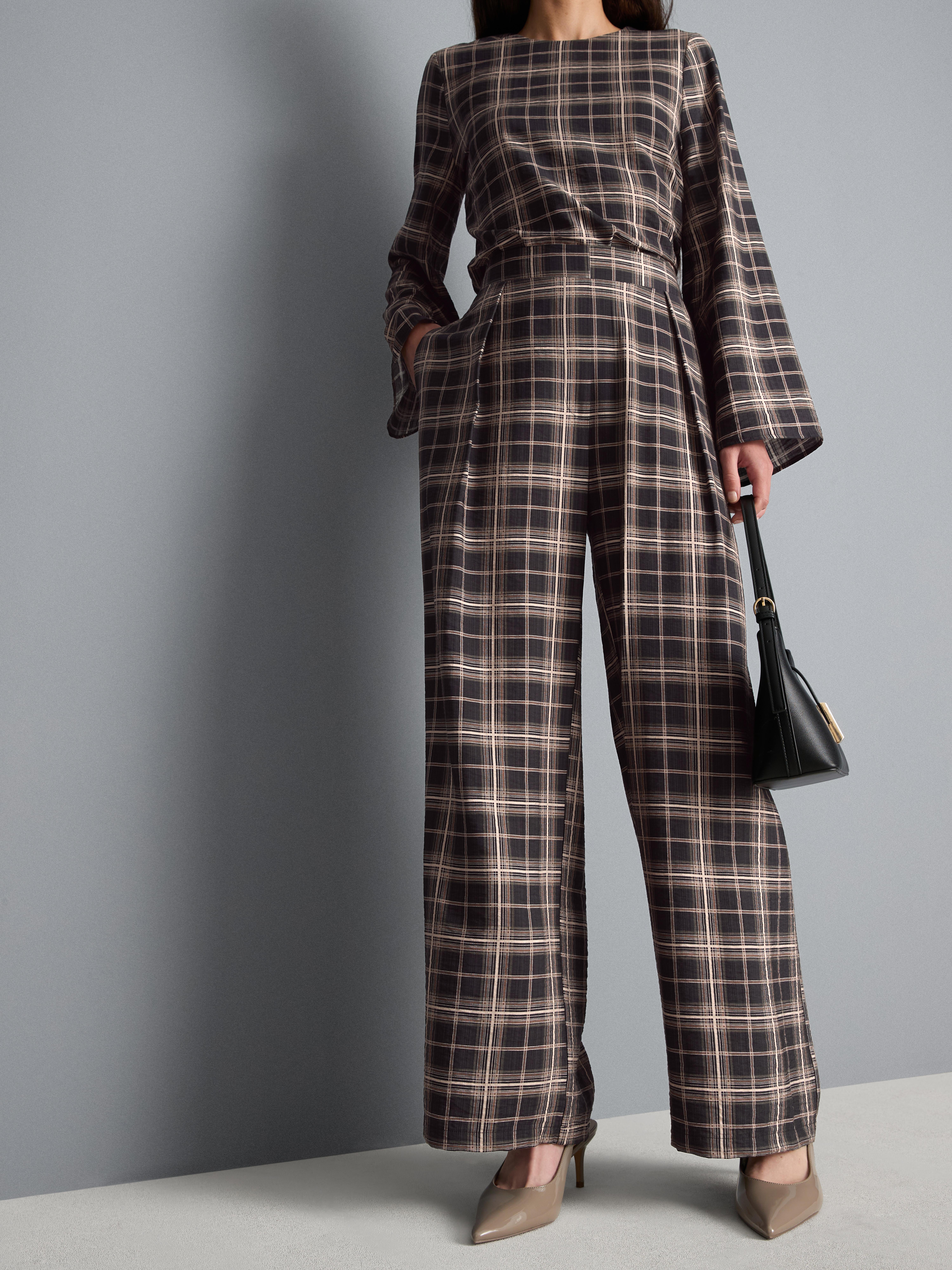 Mid-Rise Checked Wide-Leg Pants