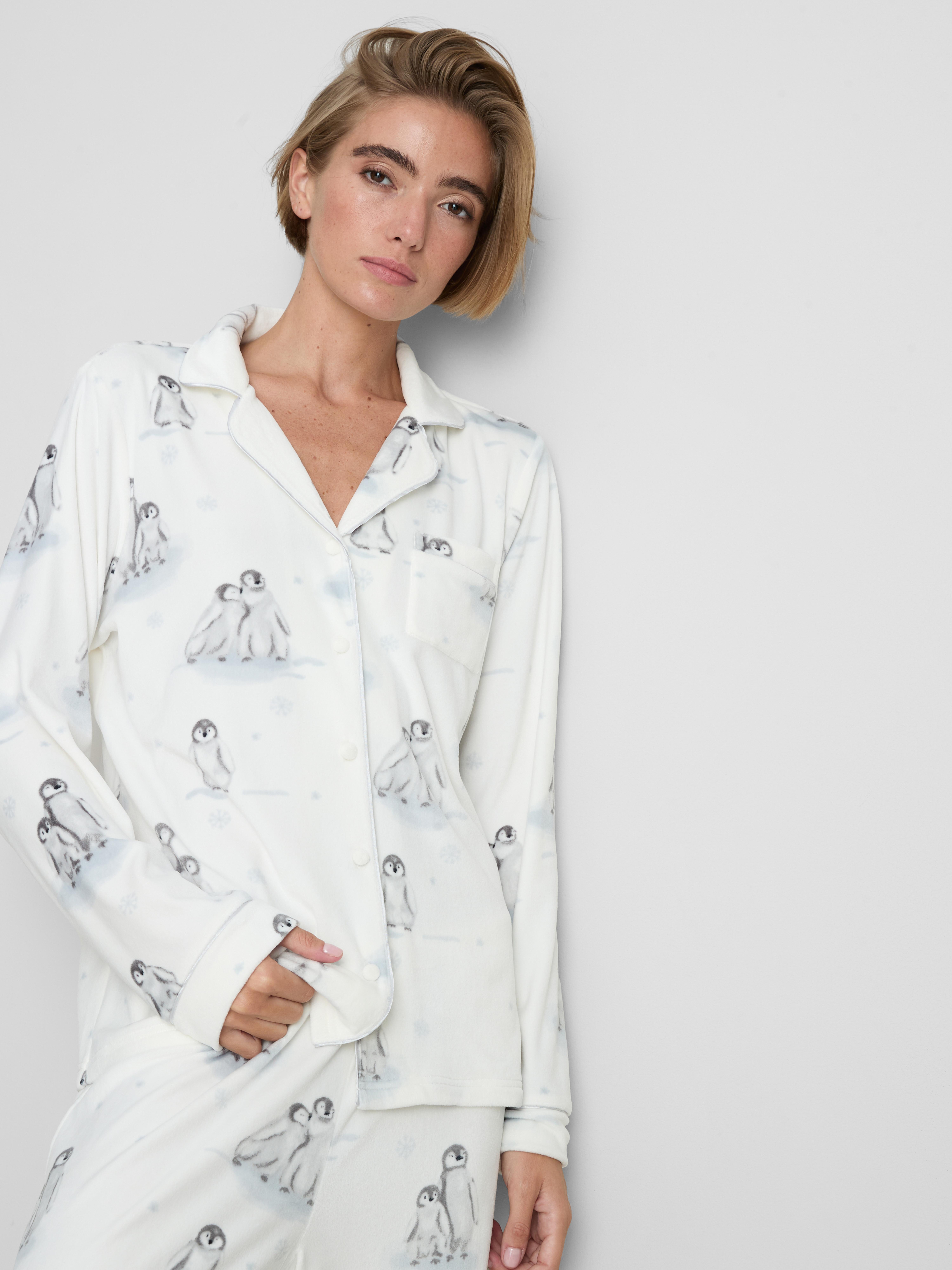 Plush Christmas Penguin Print Boyfriend Pajamas