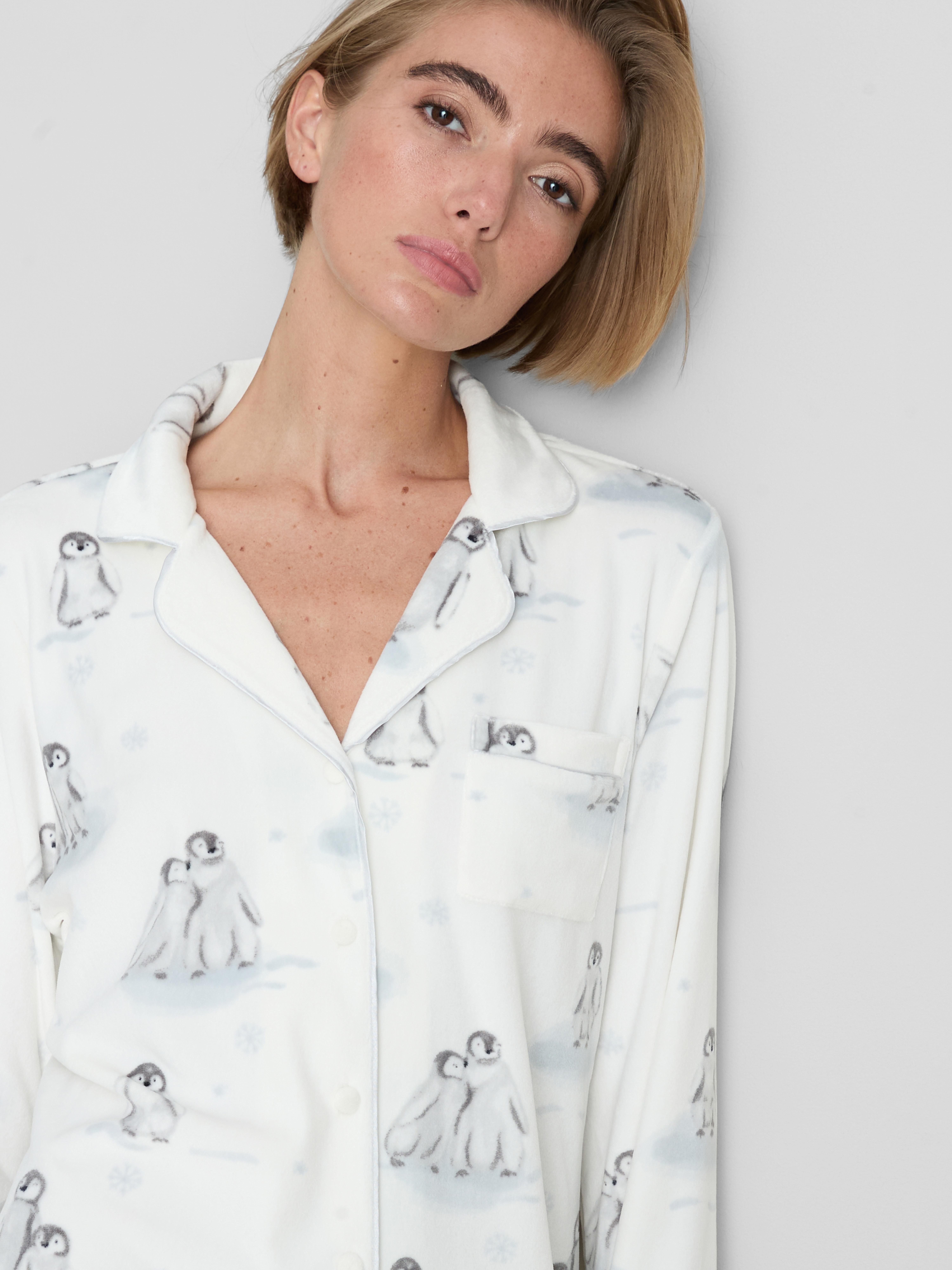 Plush Christmas Penguin Print Boyfriend Pajamas
