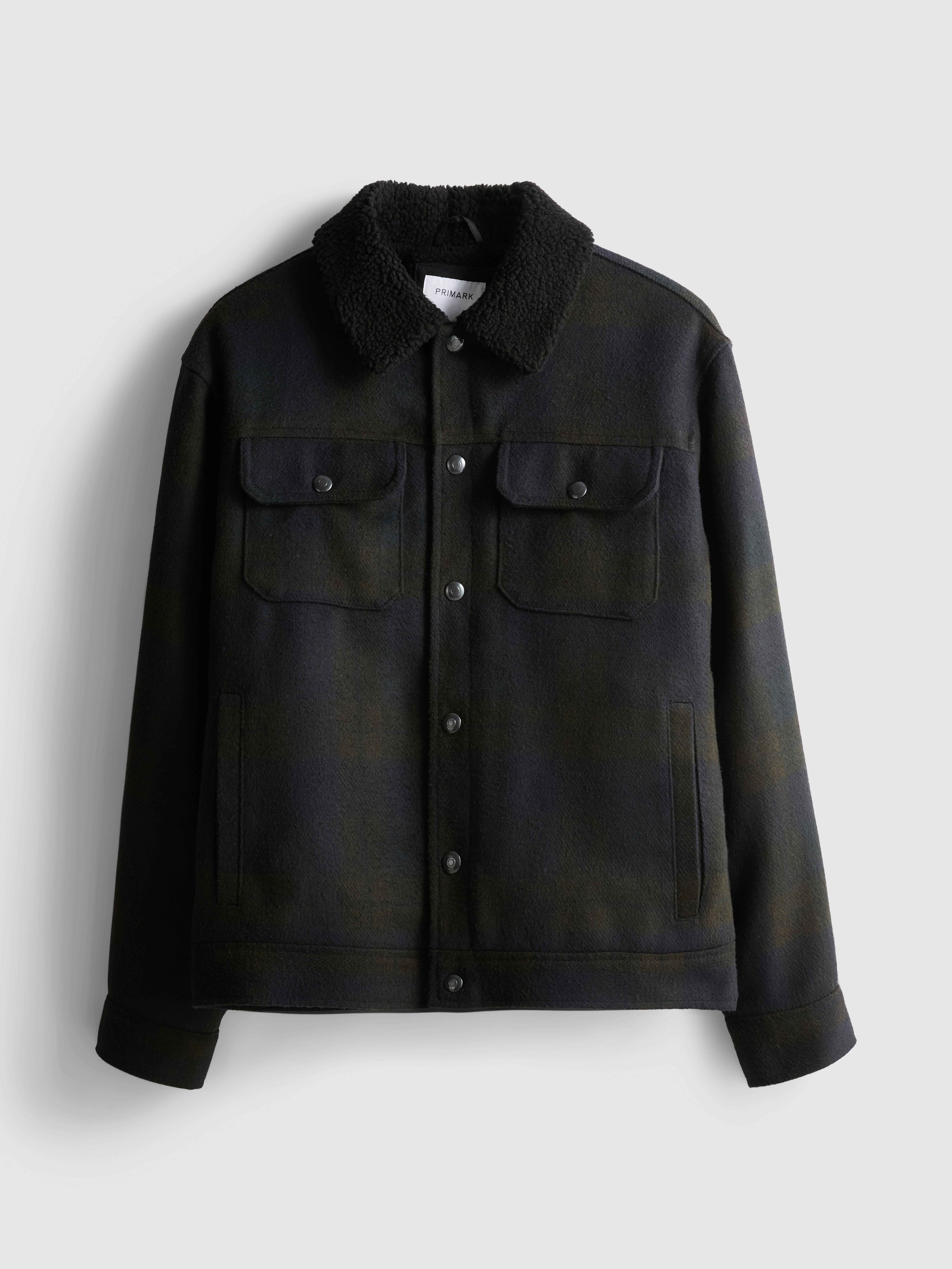Men's Navy Sherpa Collar Check Trucker Jacket | Primark