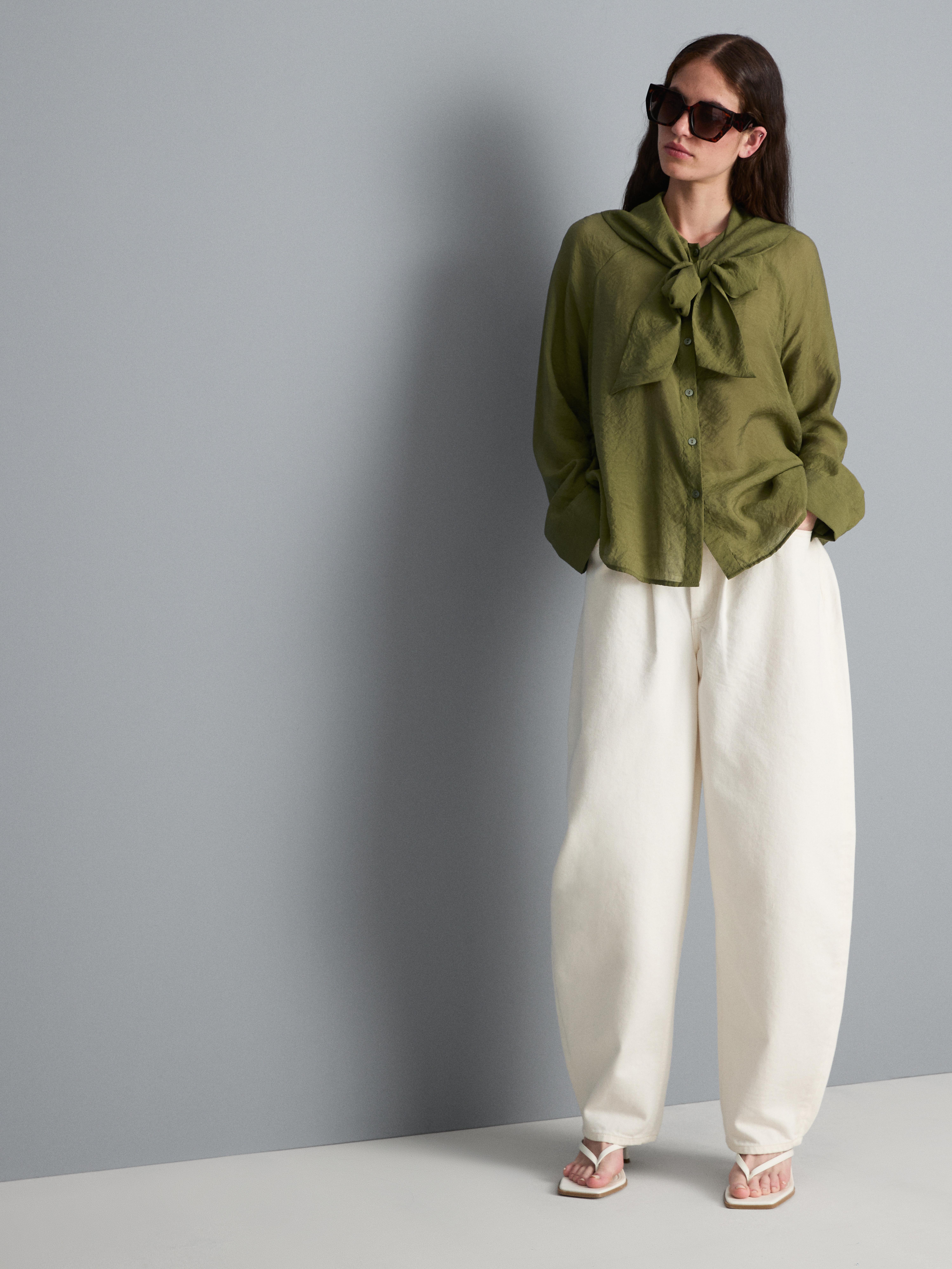 Semi-Sheer Tie Neck Blouse Khaki
