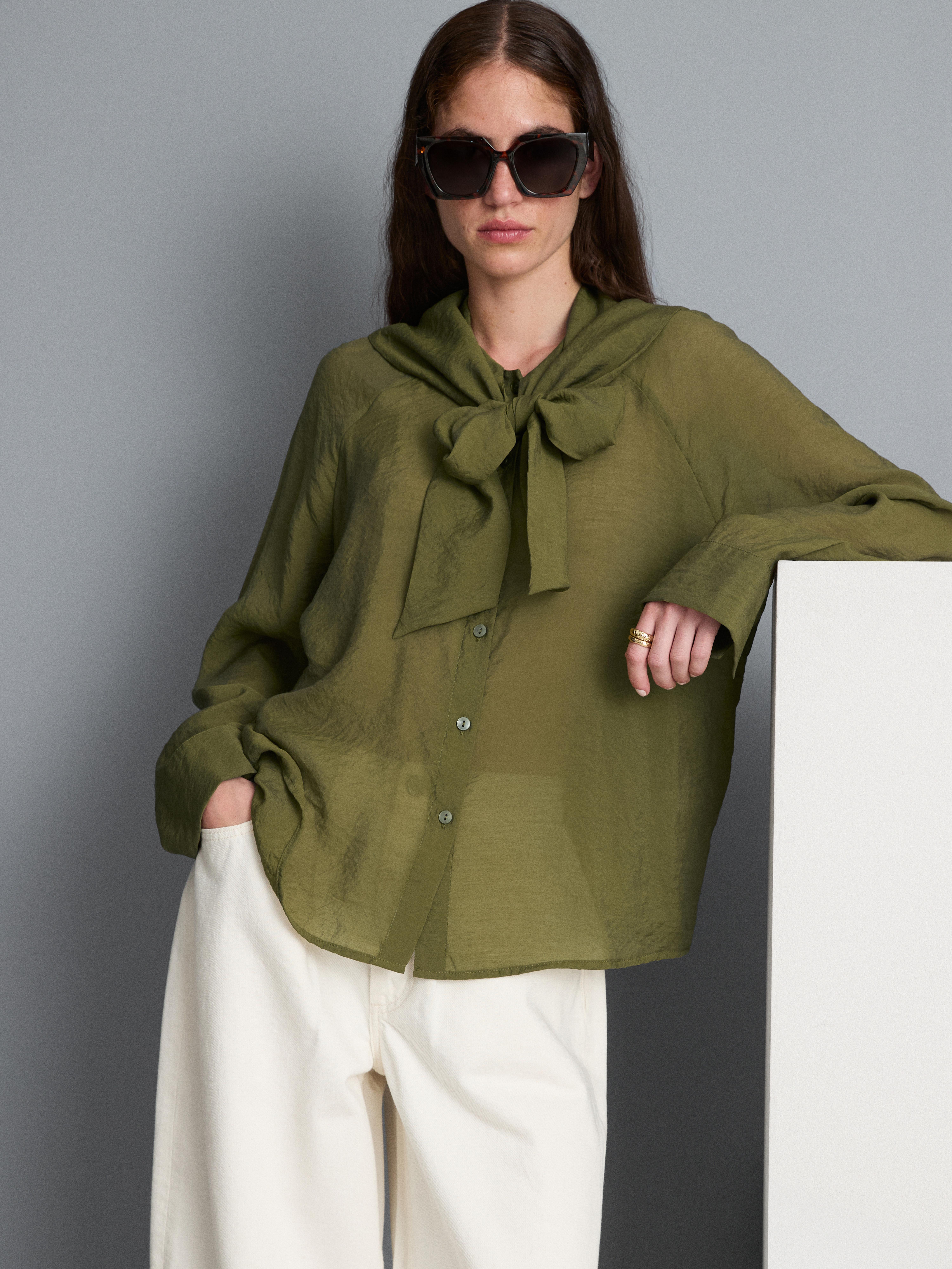 Semi-Sheer Tie Neck Blouse