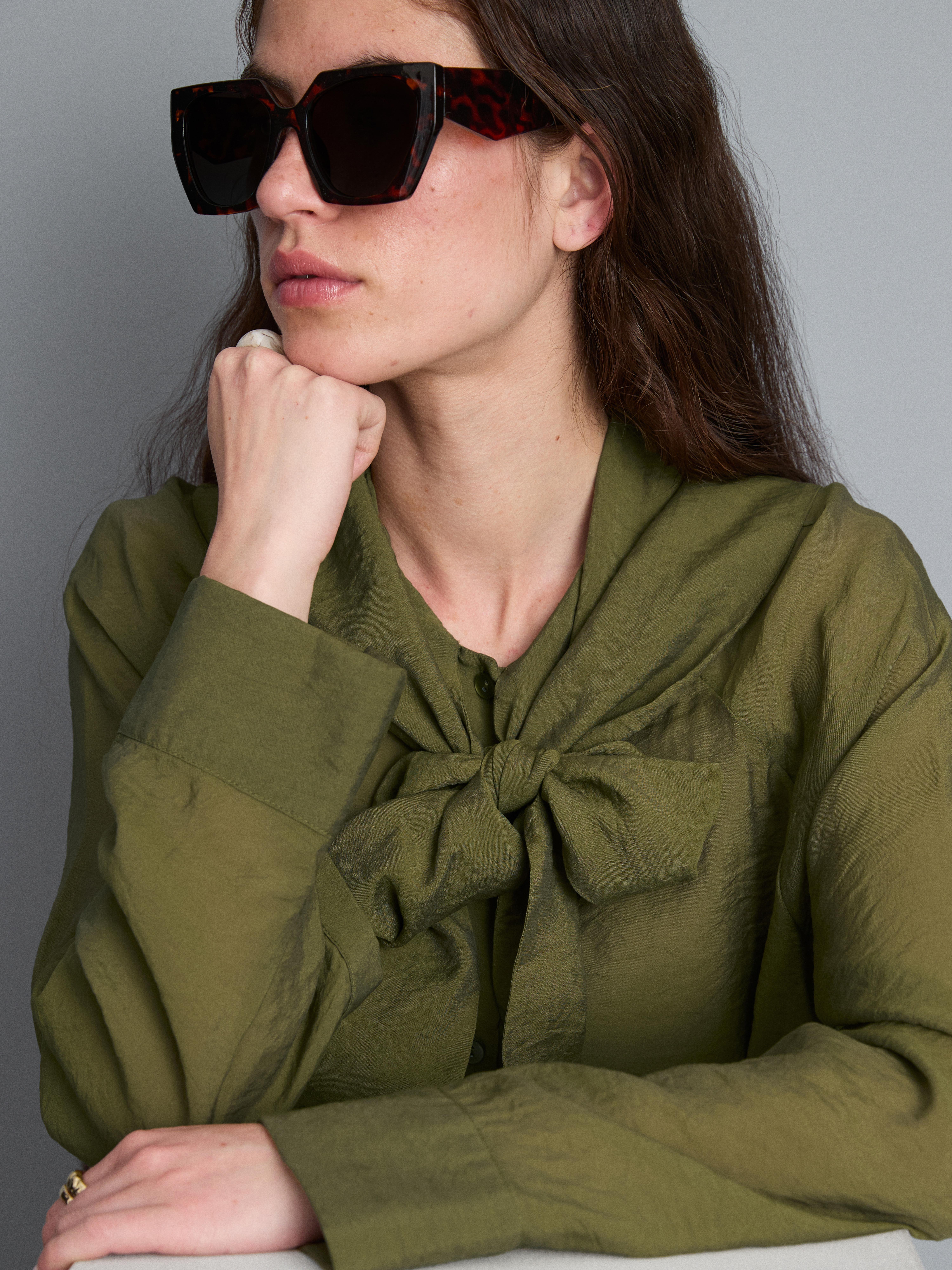 Semi-Sheer Tie Neck Blouse