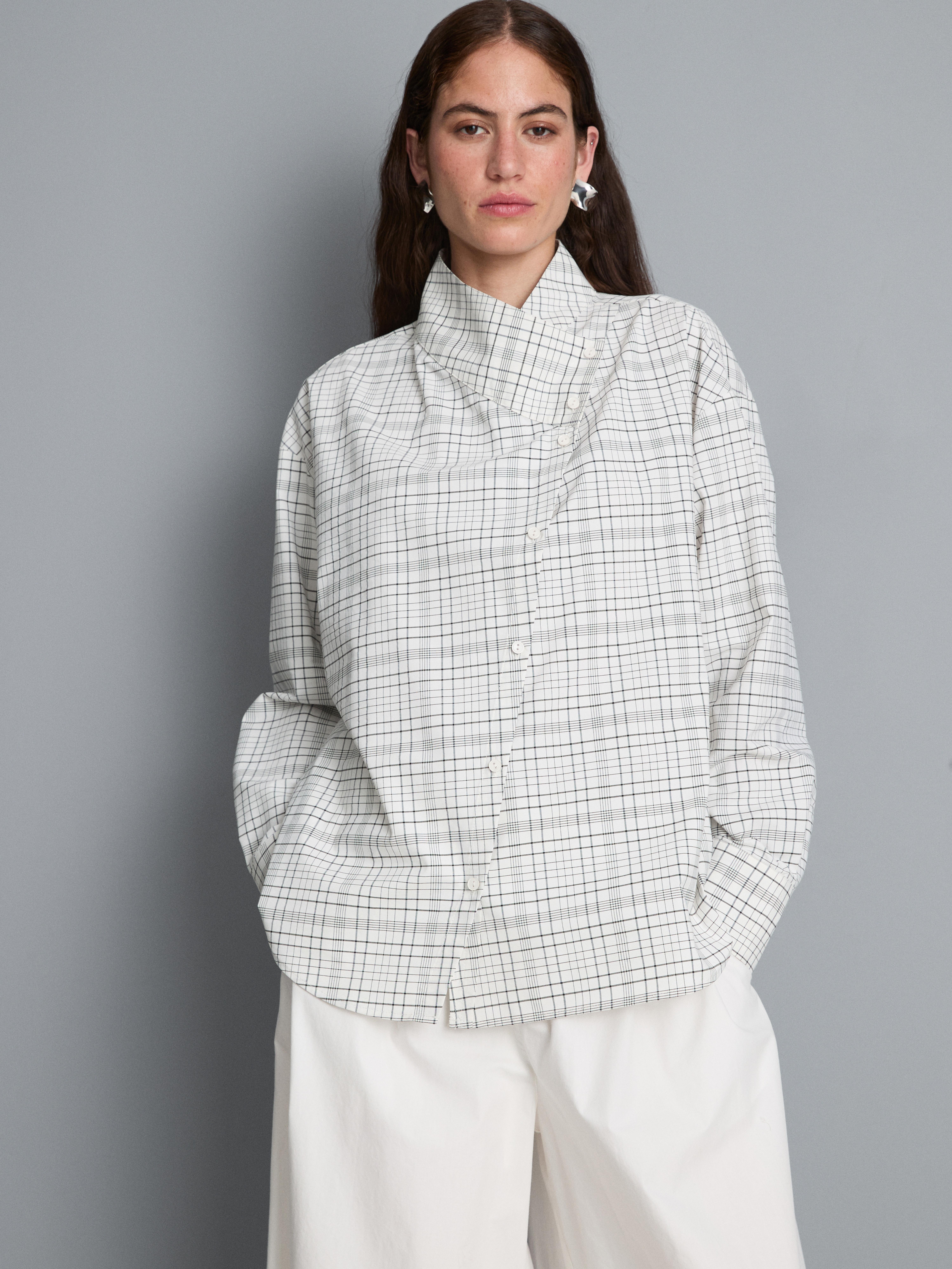Cotton Rich Check High Neck Blouse