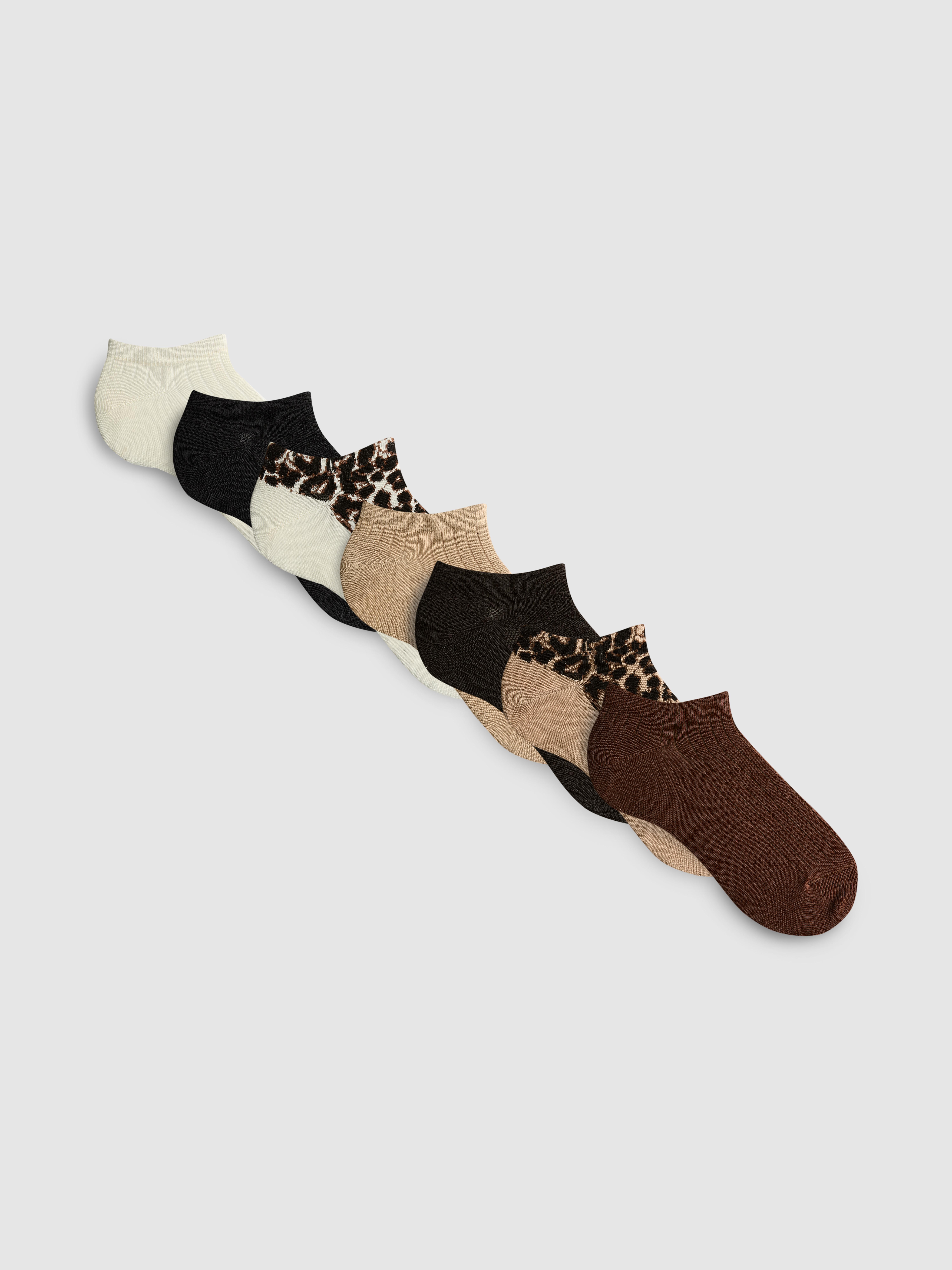 7pk Cotton-Rich Leopard Print Ankle Socks