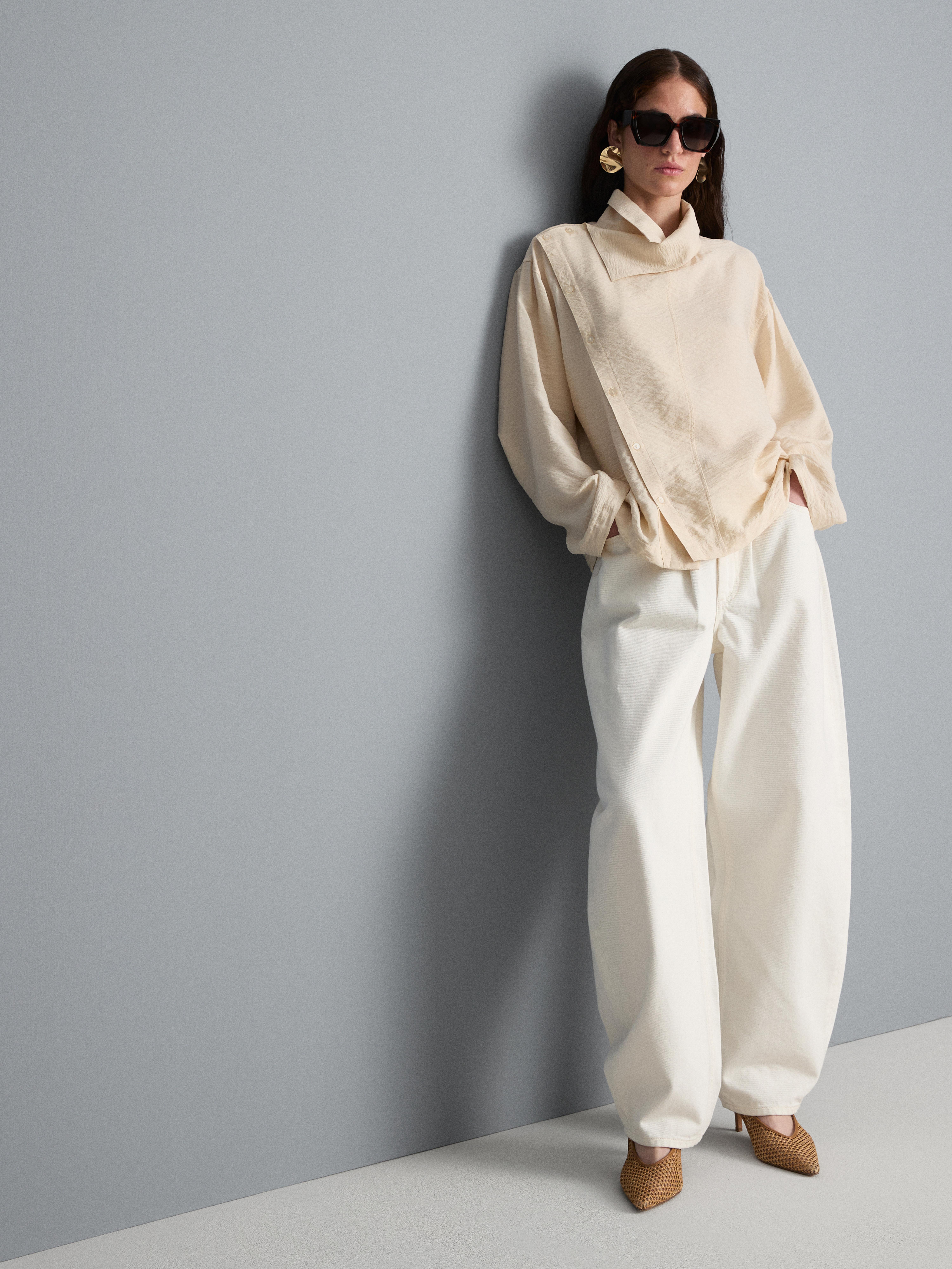 High Funnel Neck Button Detail Blouse