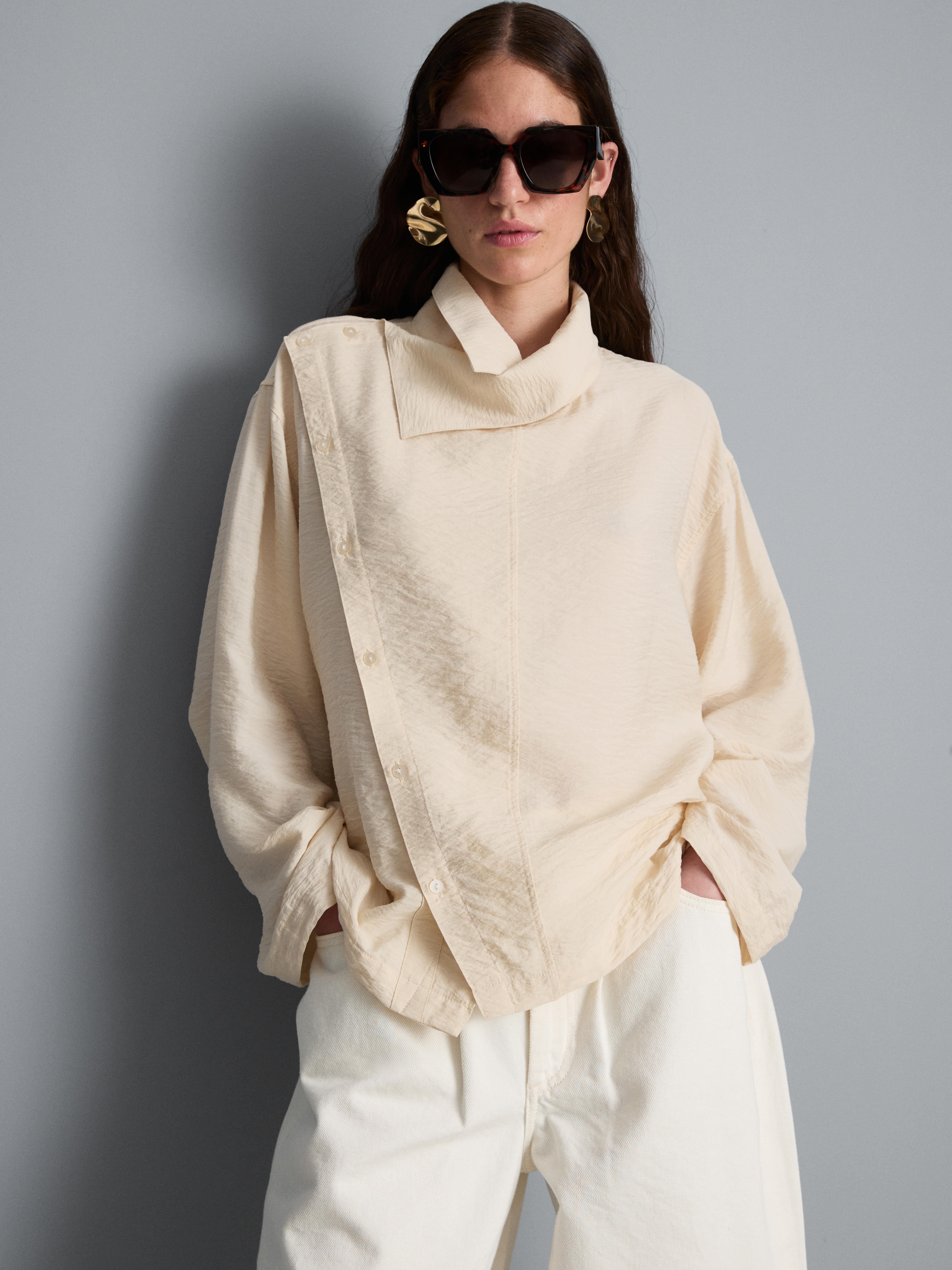 High Funnel Neck Button Detail Blouse