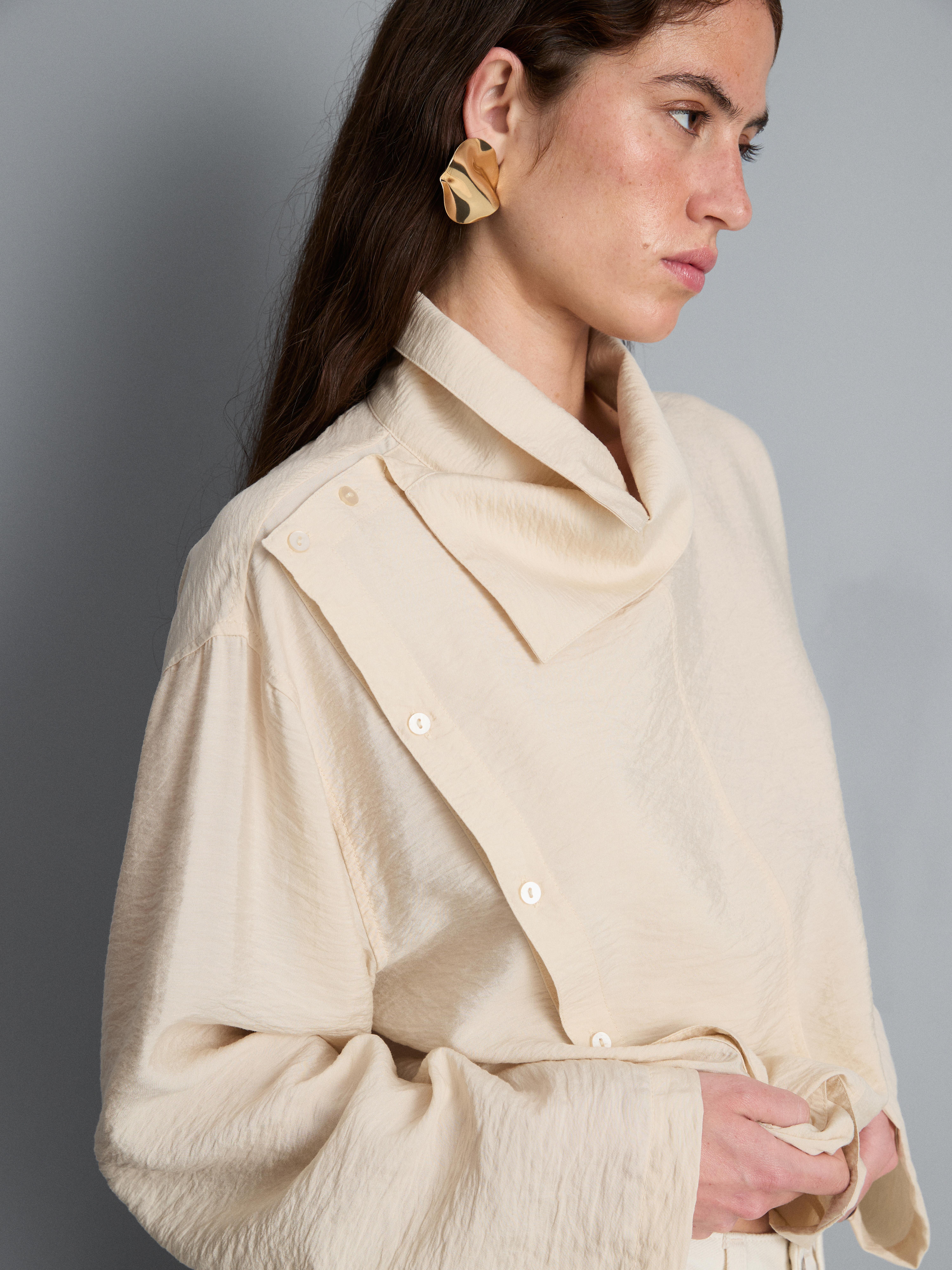 High Funnel Neck Button Detail Blouse