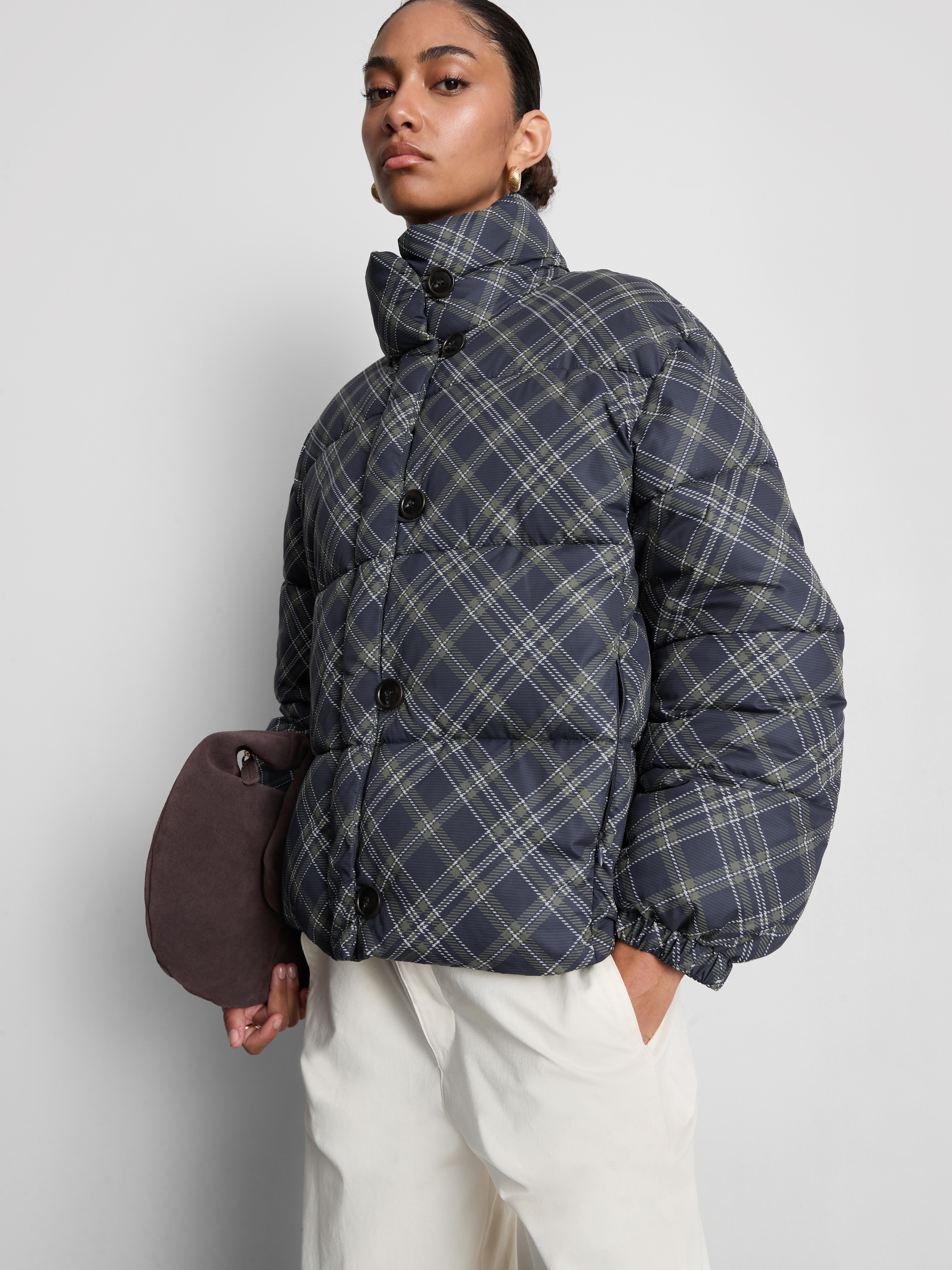 Tartan Scarf-Detail Puffer Jacket