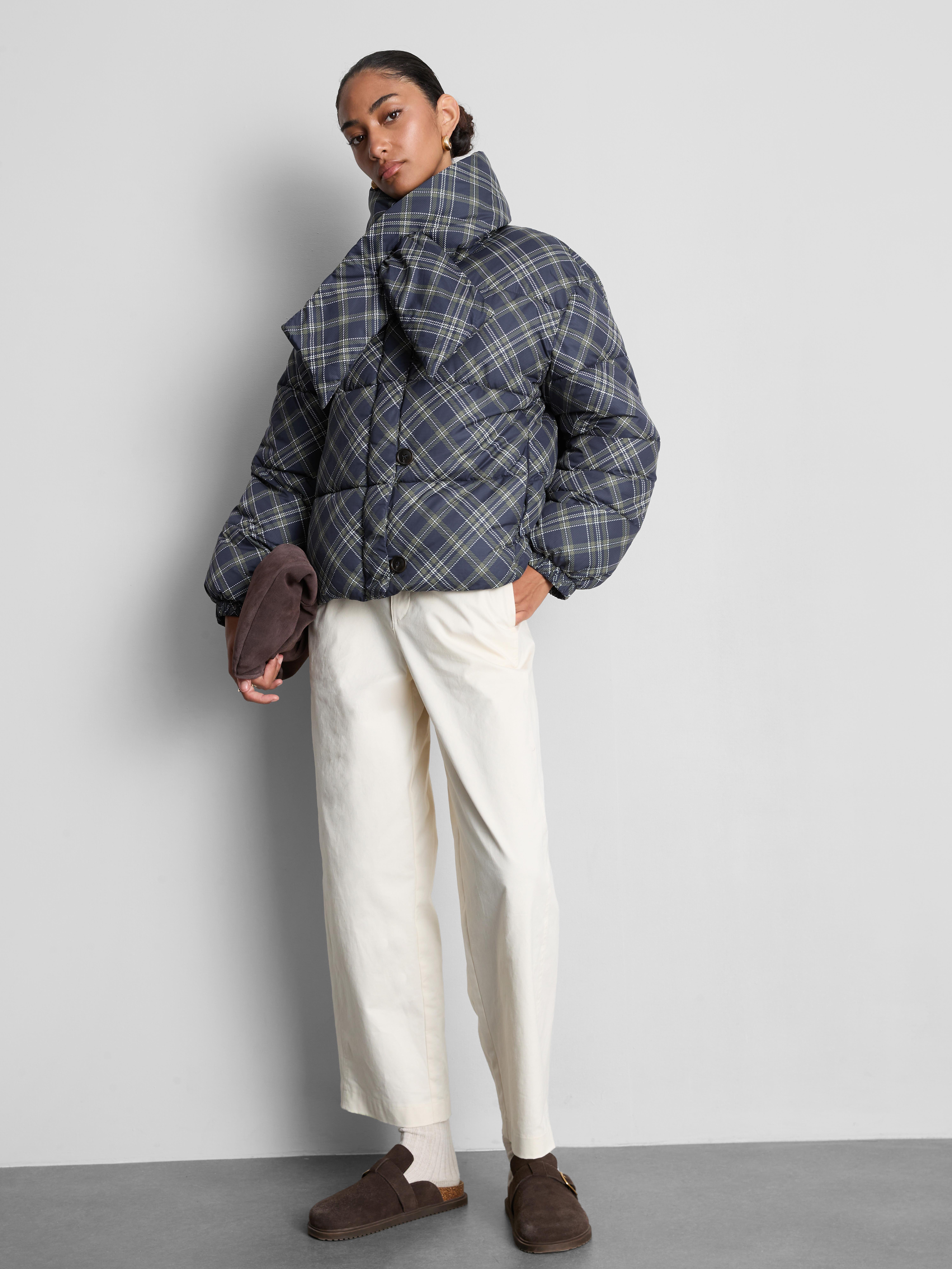 Tartan Scarf-Detail Puffer Jacket