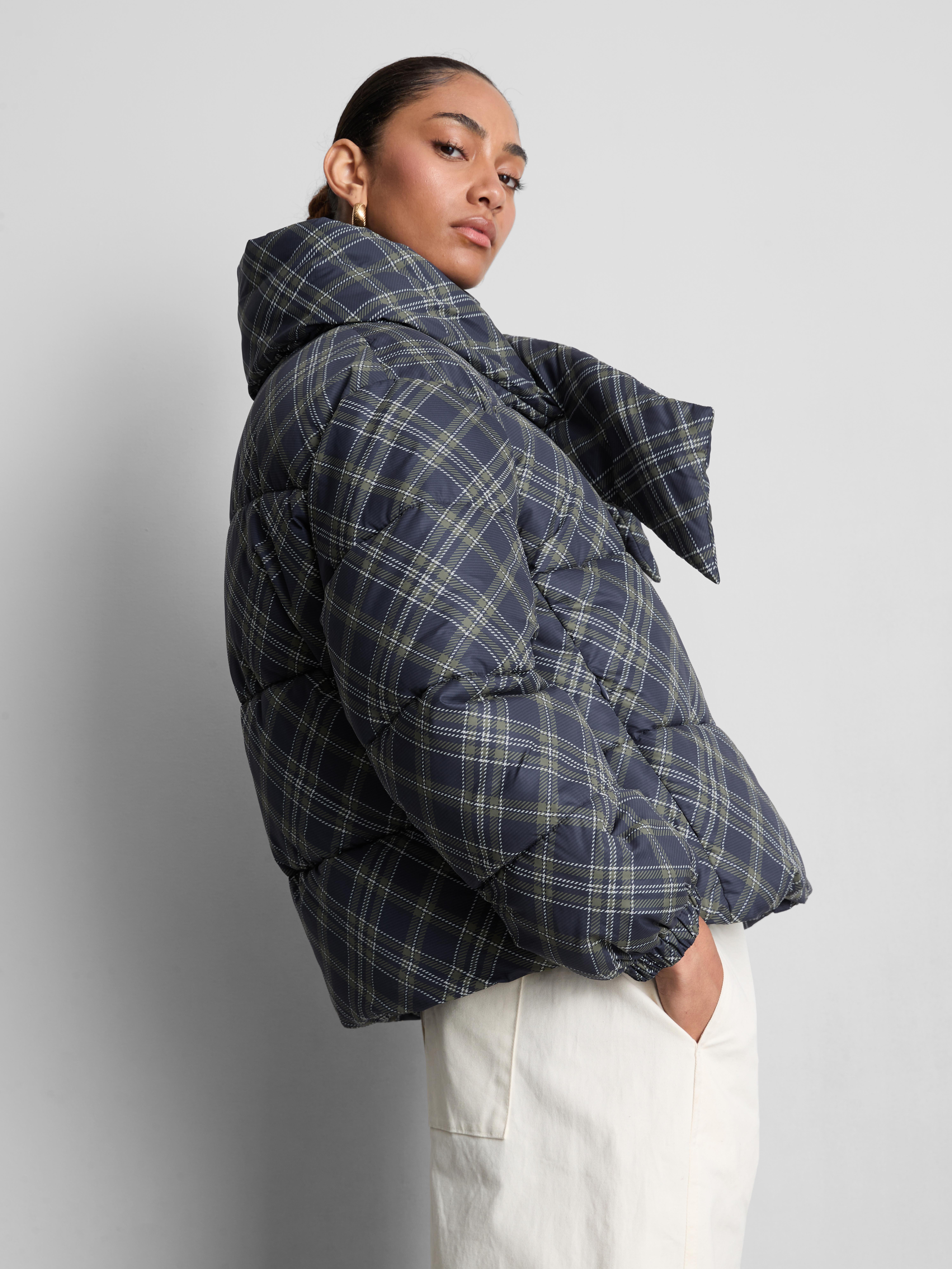 Tartan Scarf-Detail Puffer Jacket