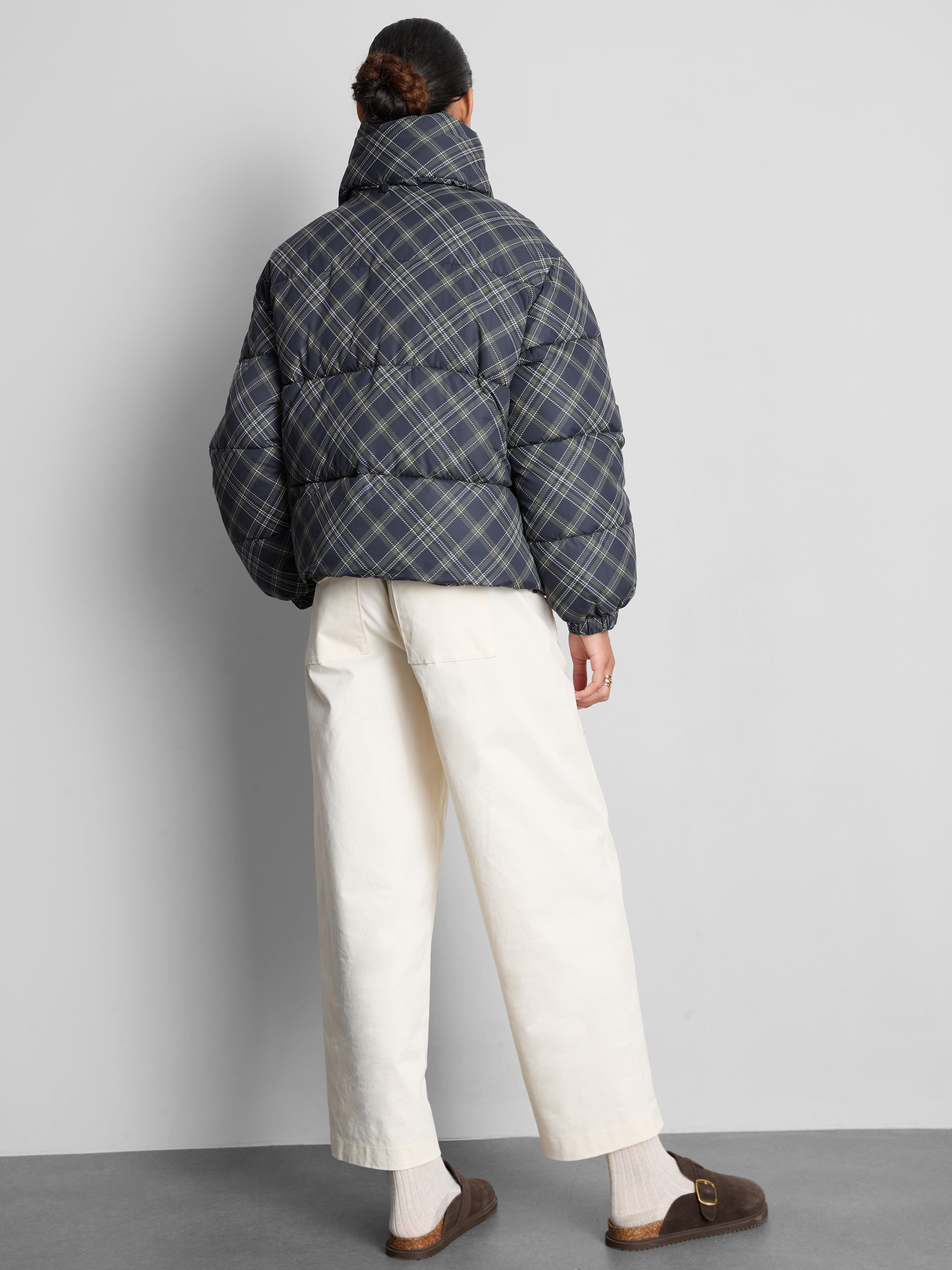 Tartan Scarf-Detail Puffer Jacket