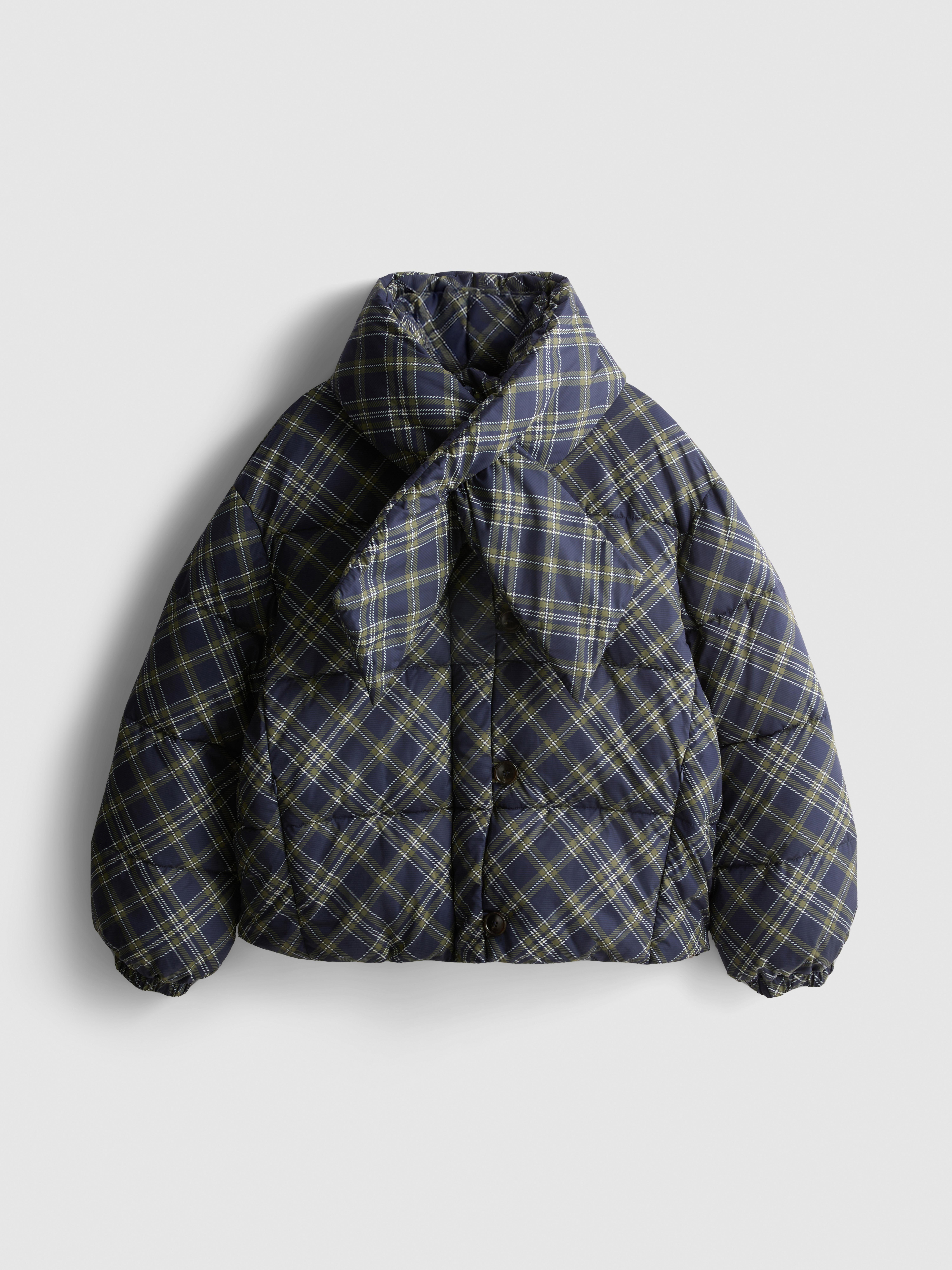 Tartan Scarf-Detail Puffer Jacket