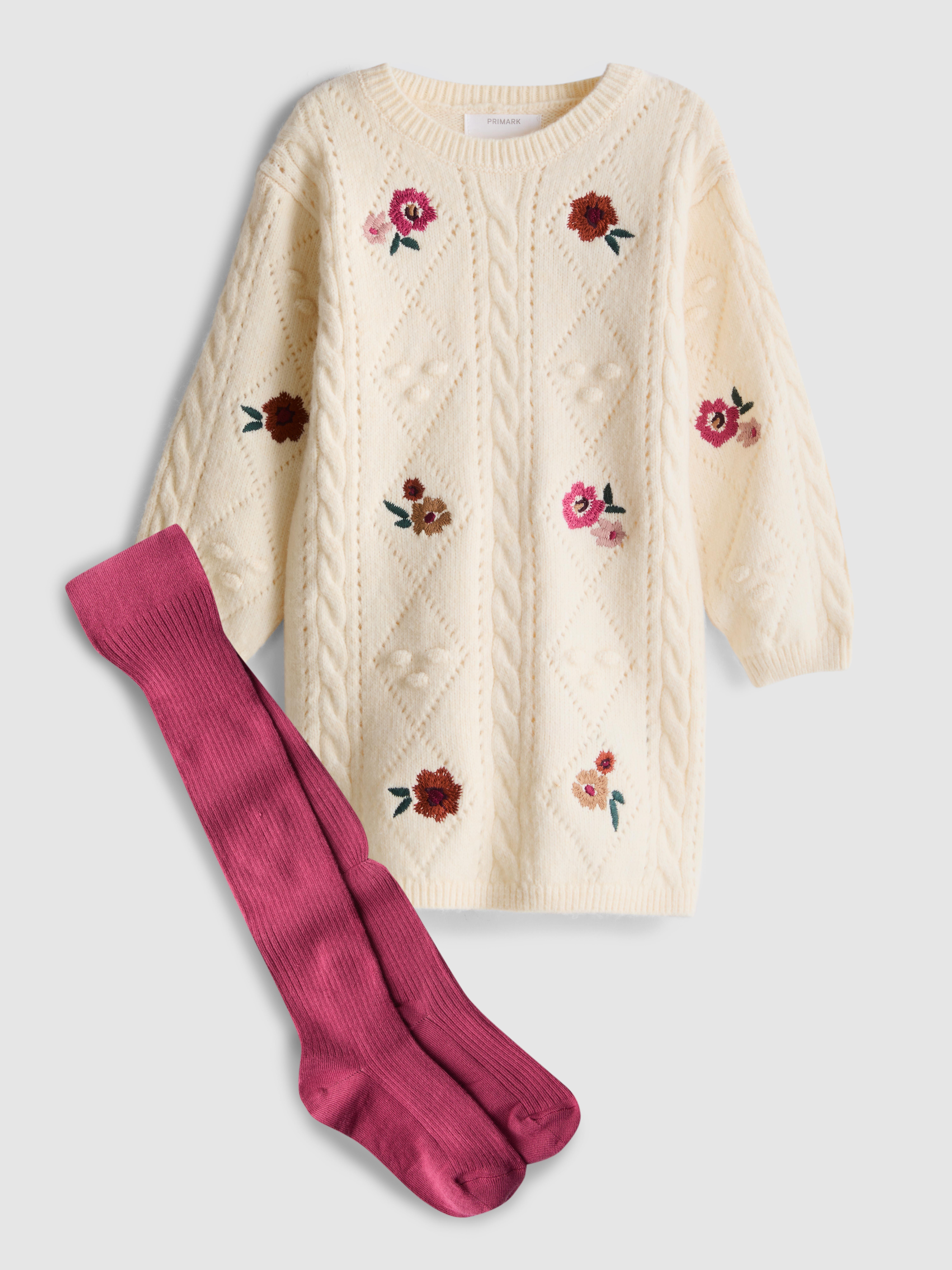 1-9yrs | Floral Cable Knit Sweater Dress and Tights Set
