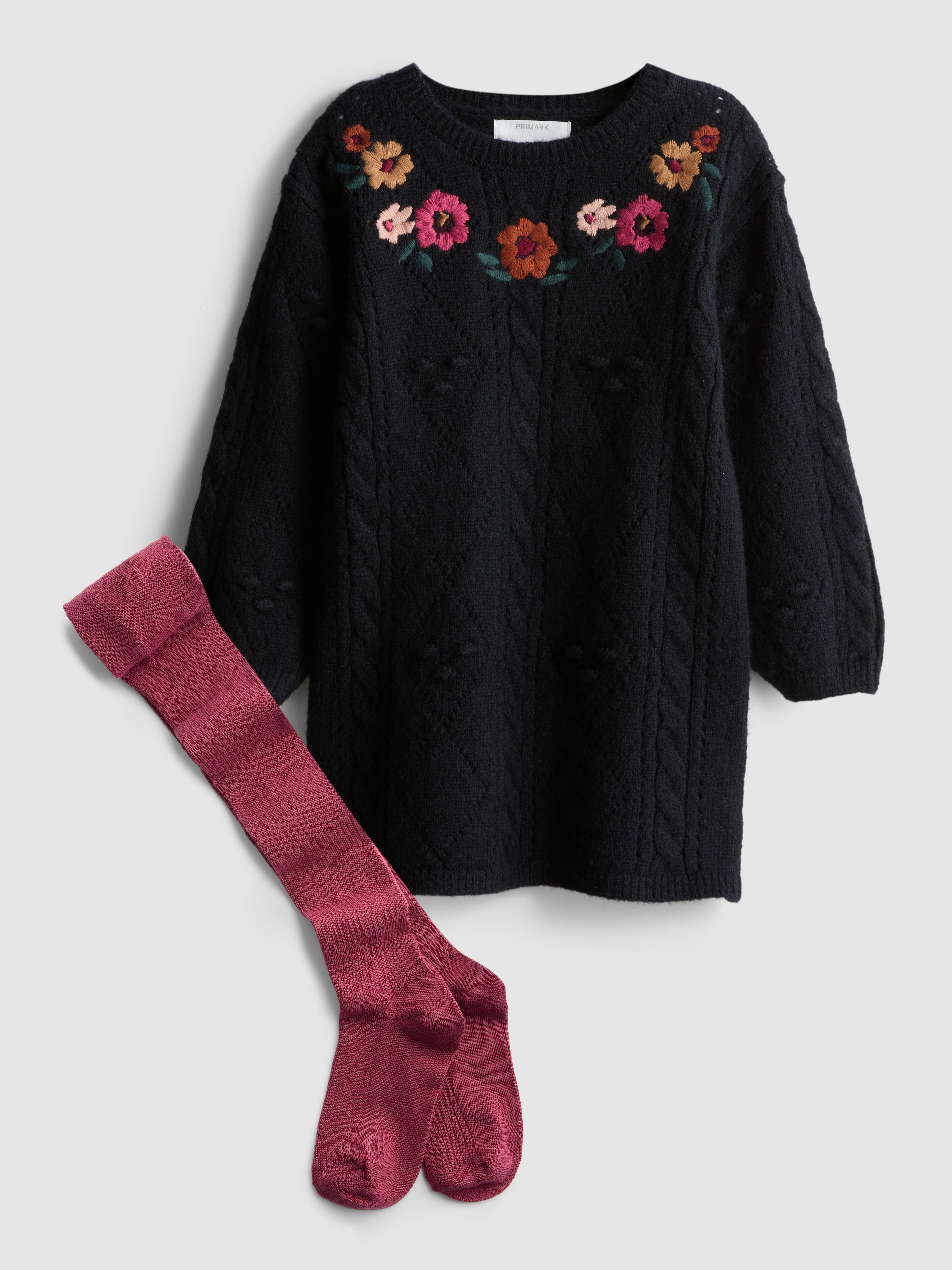 1-9yrs | Floral Embroidered Jumper Dress and Tights Set