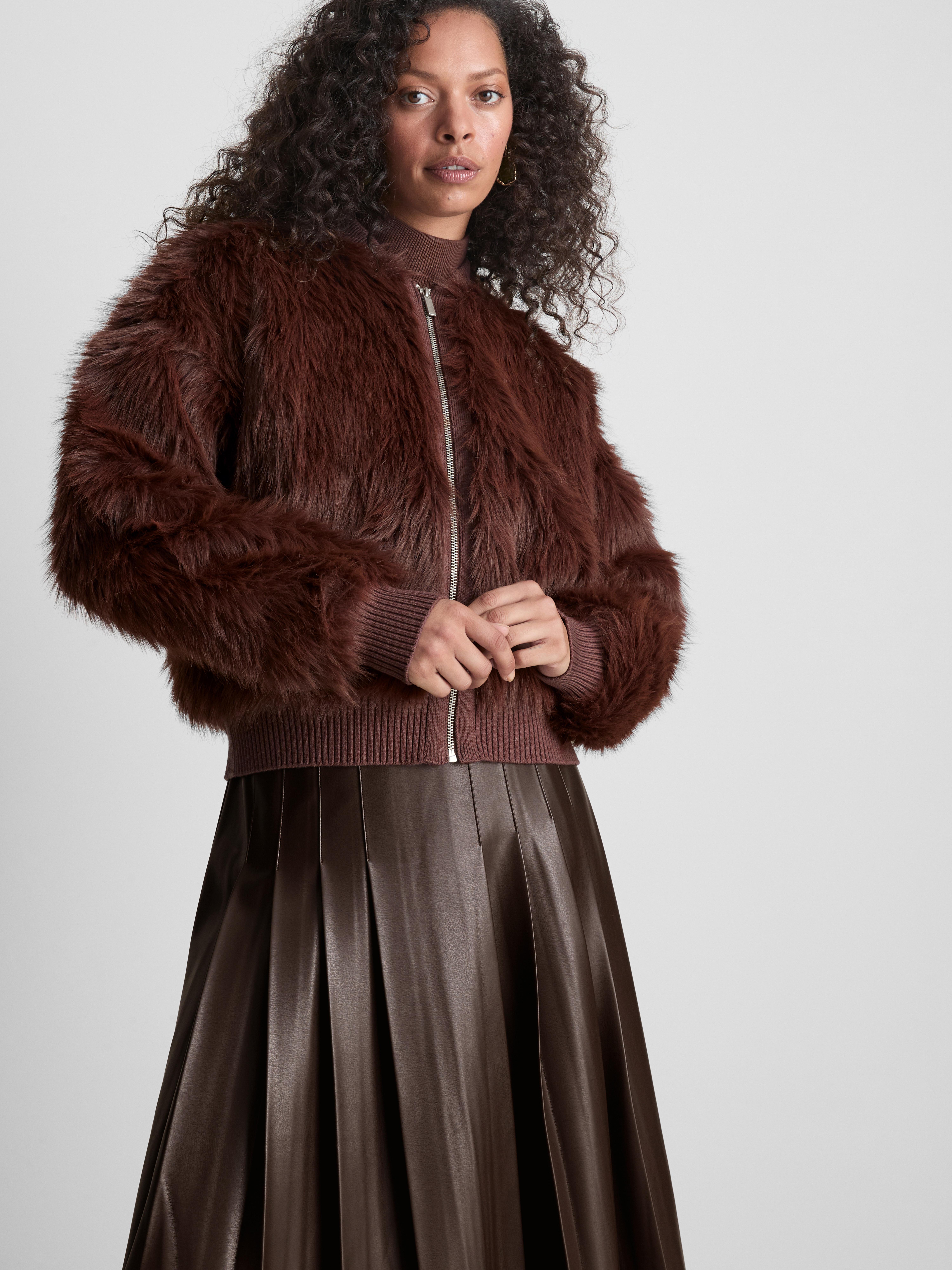 Faux Fur Bomber Cardigan Chocolate