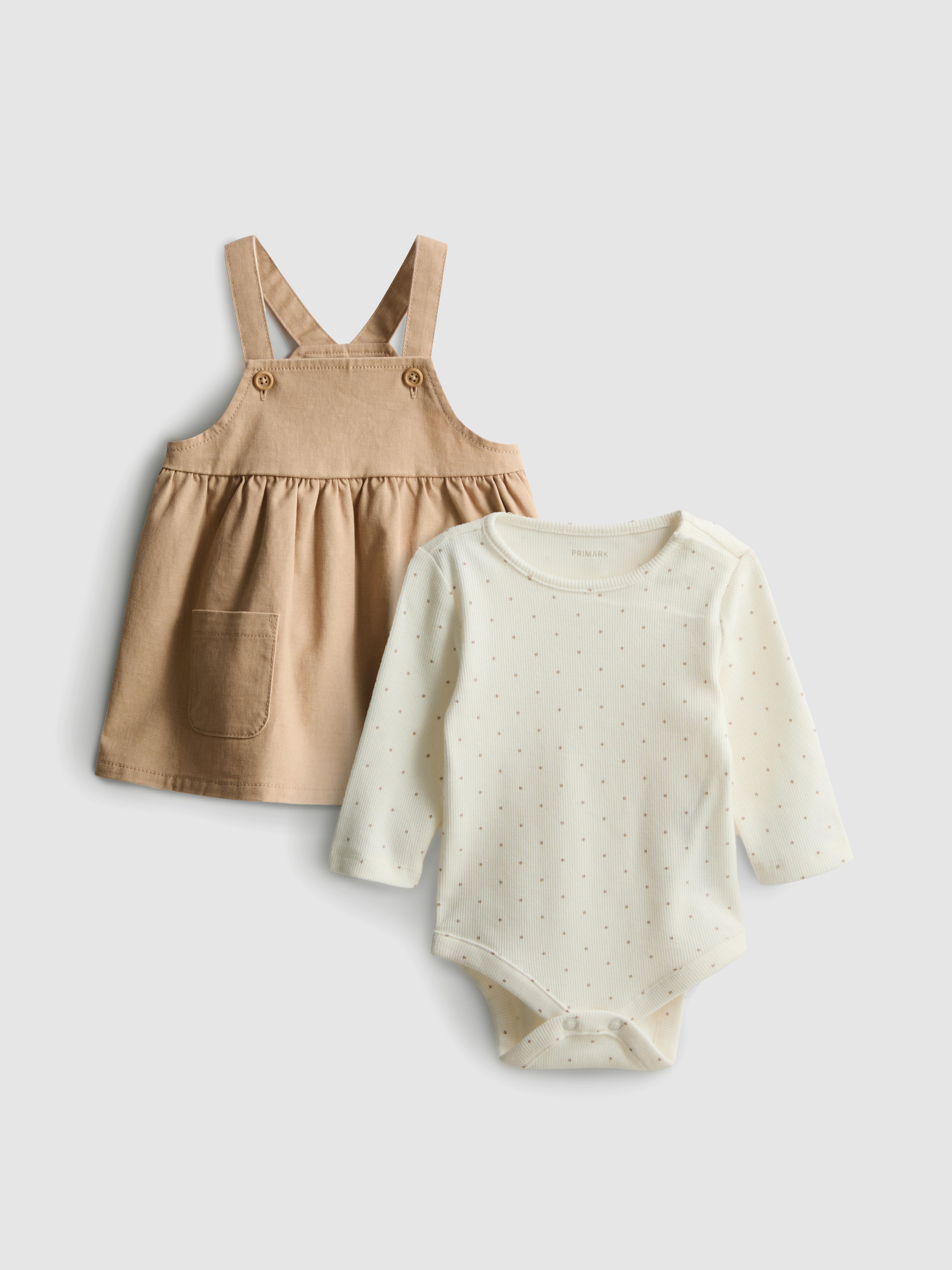 0-18mths | Long-Sleeve Onesie and Overall Dress Newborn Set
