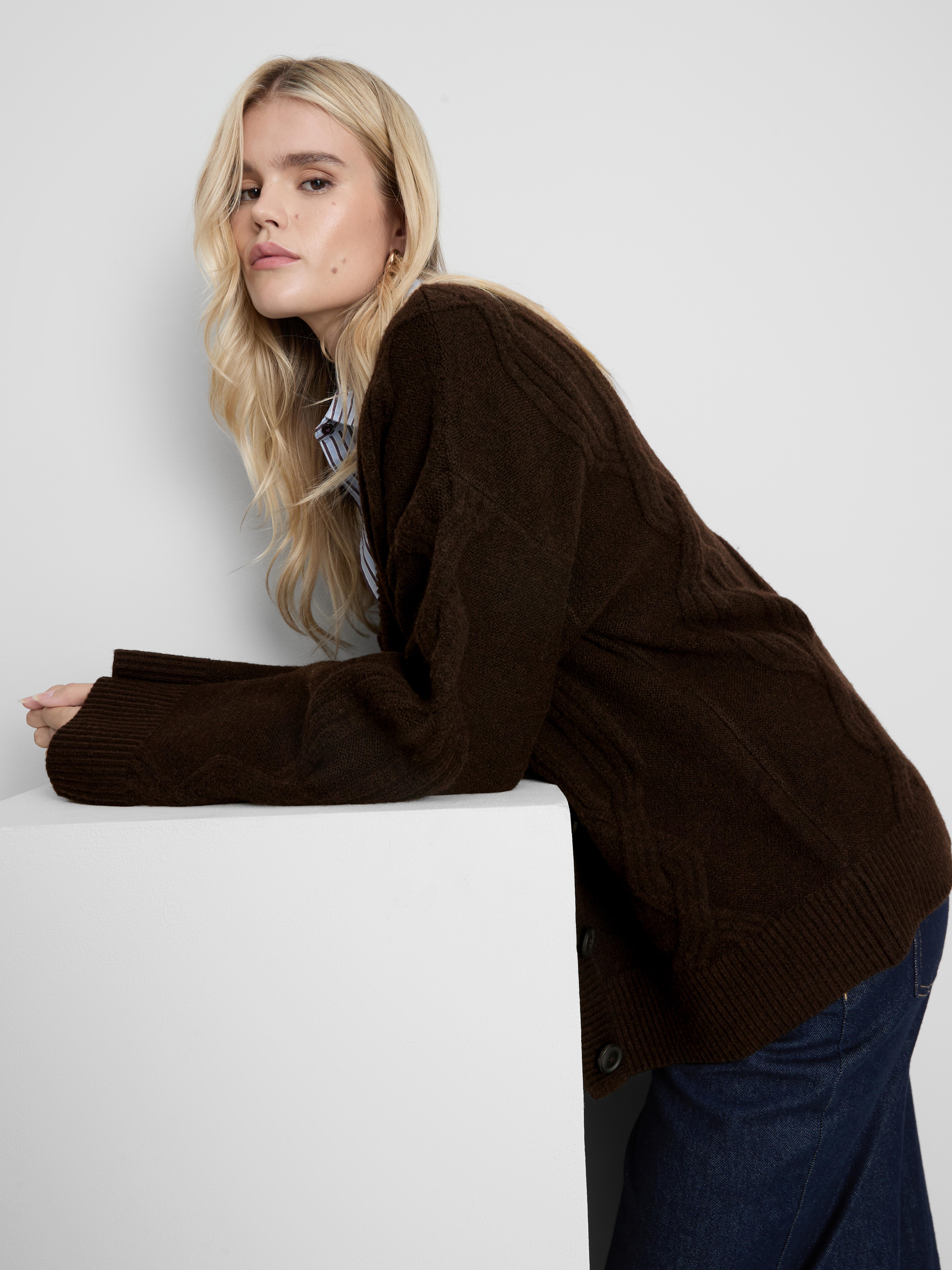 Longline Cable Knit V-Neck Cardigan