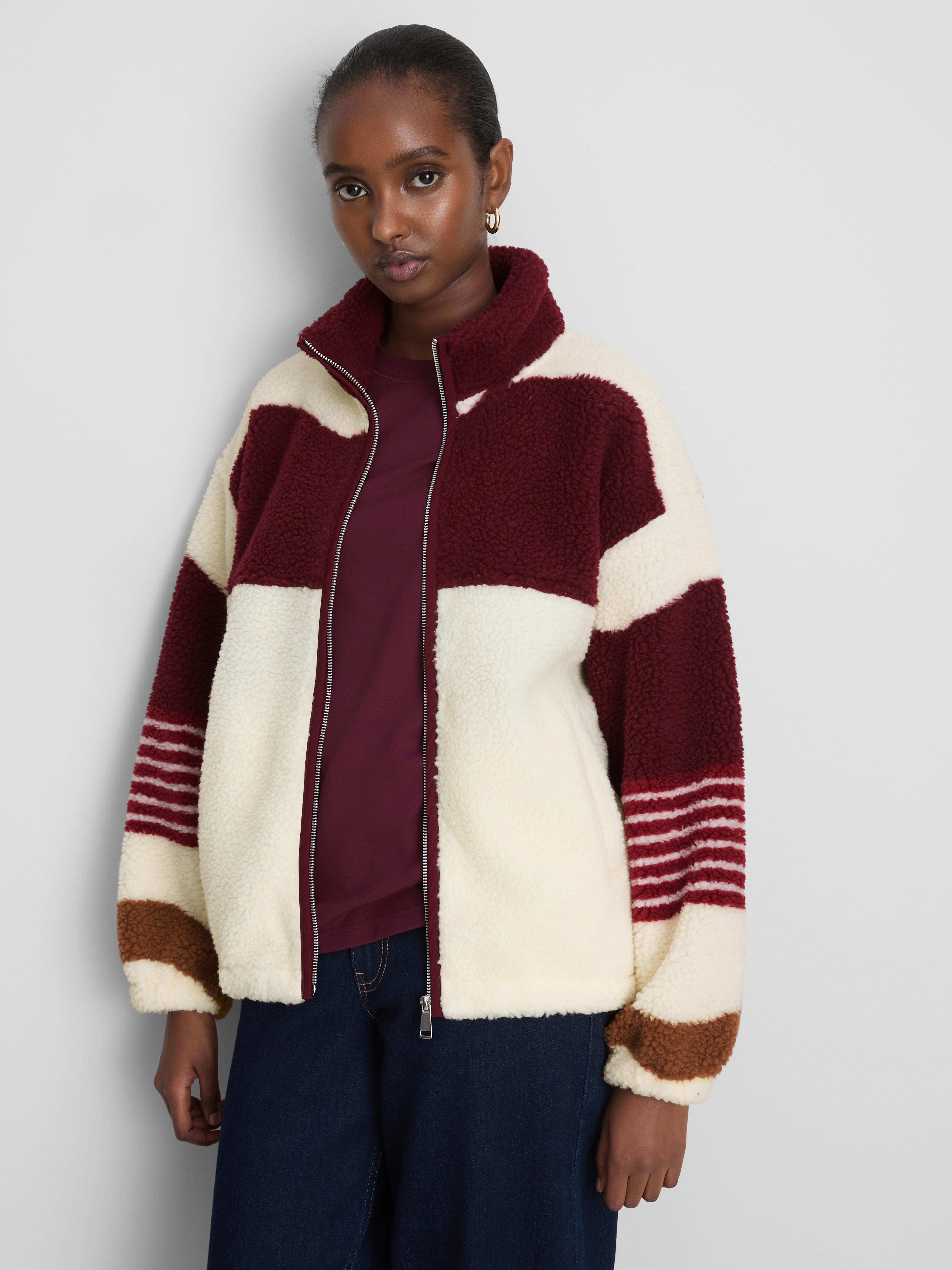 Striped High-Neck Borg Fleece