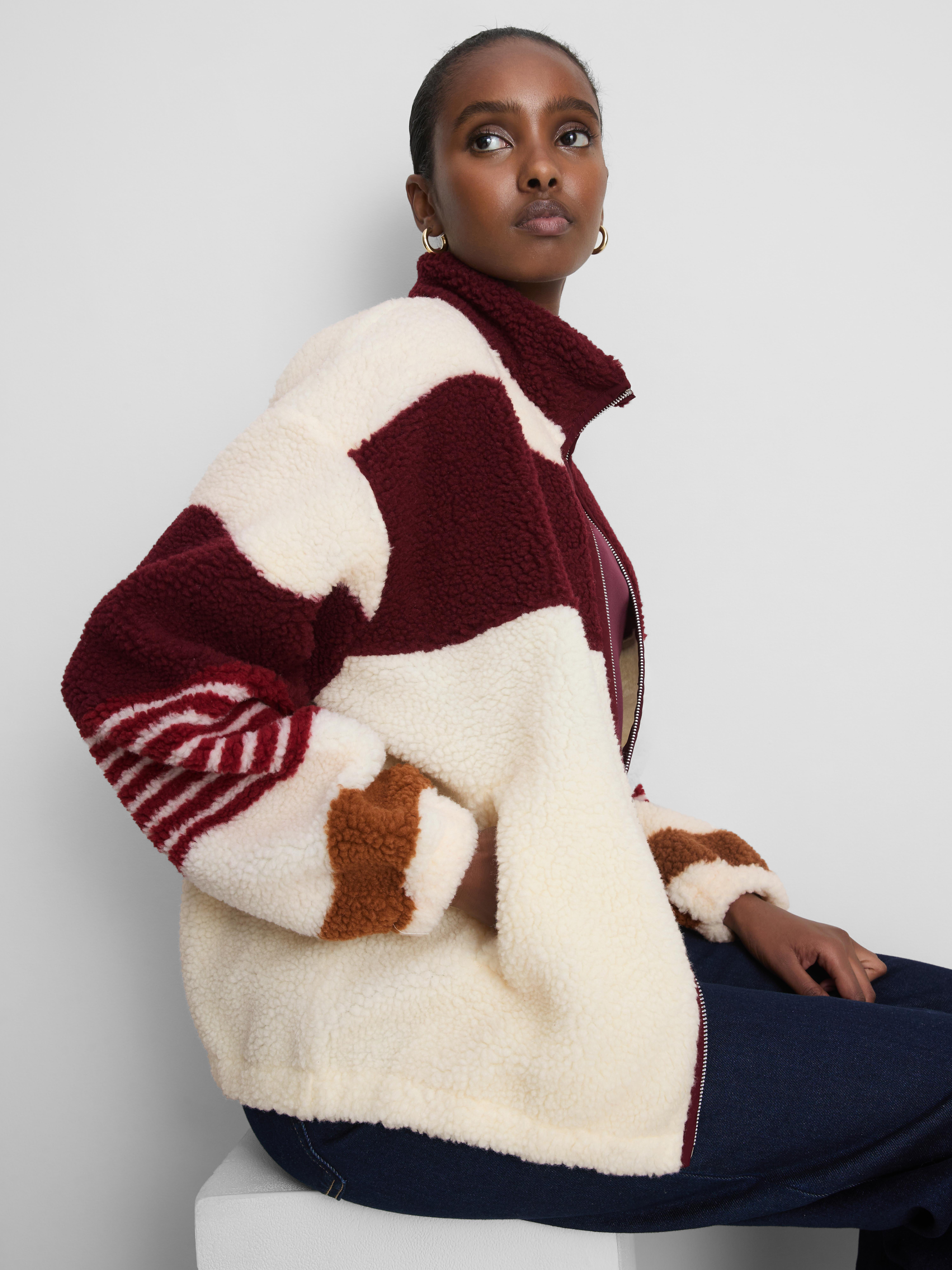 Striped High-Neck Borg Fleece