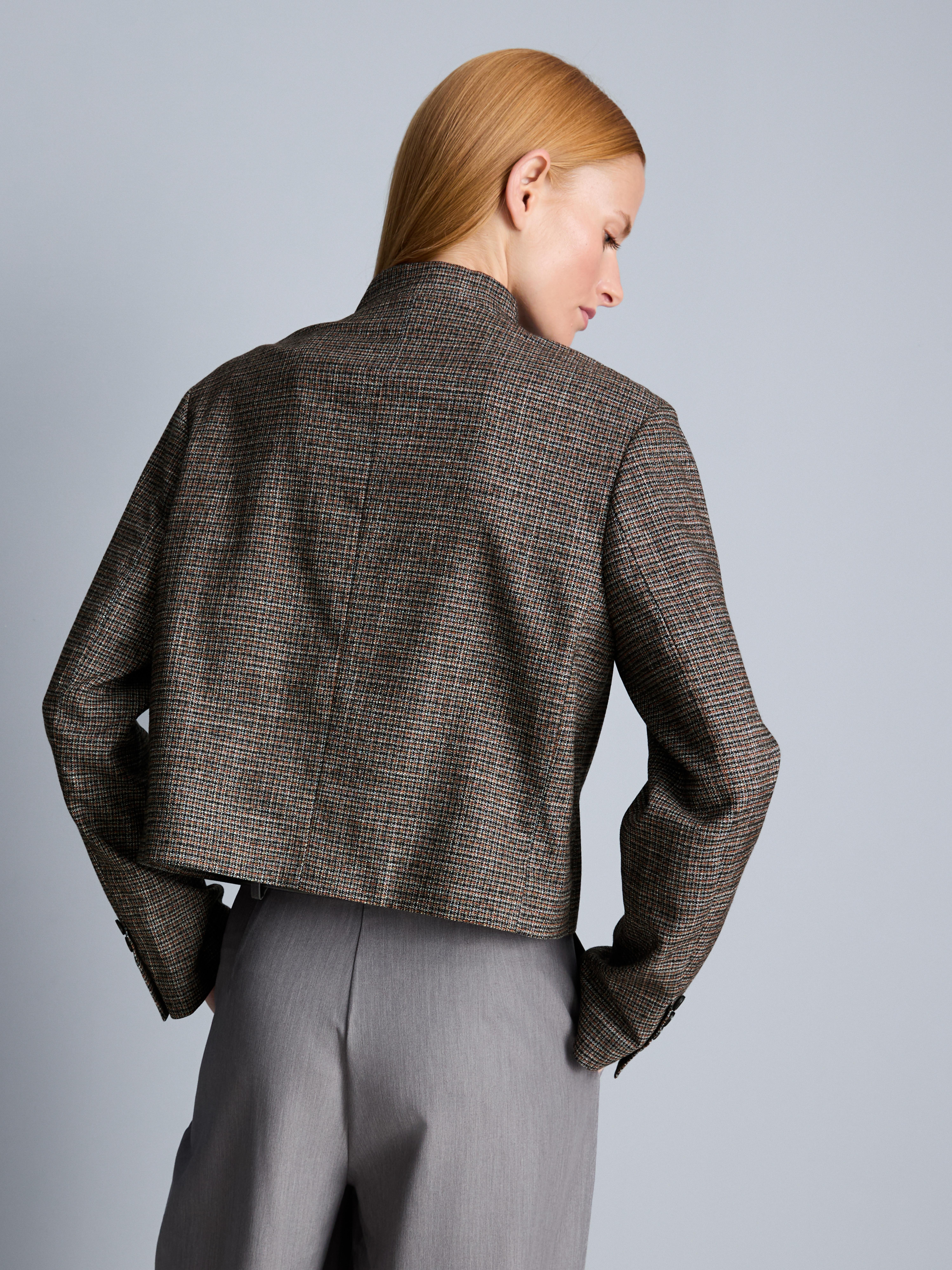 Cropped High-Neck Plaid Blazer