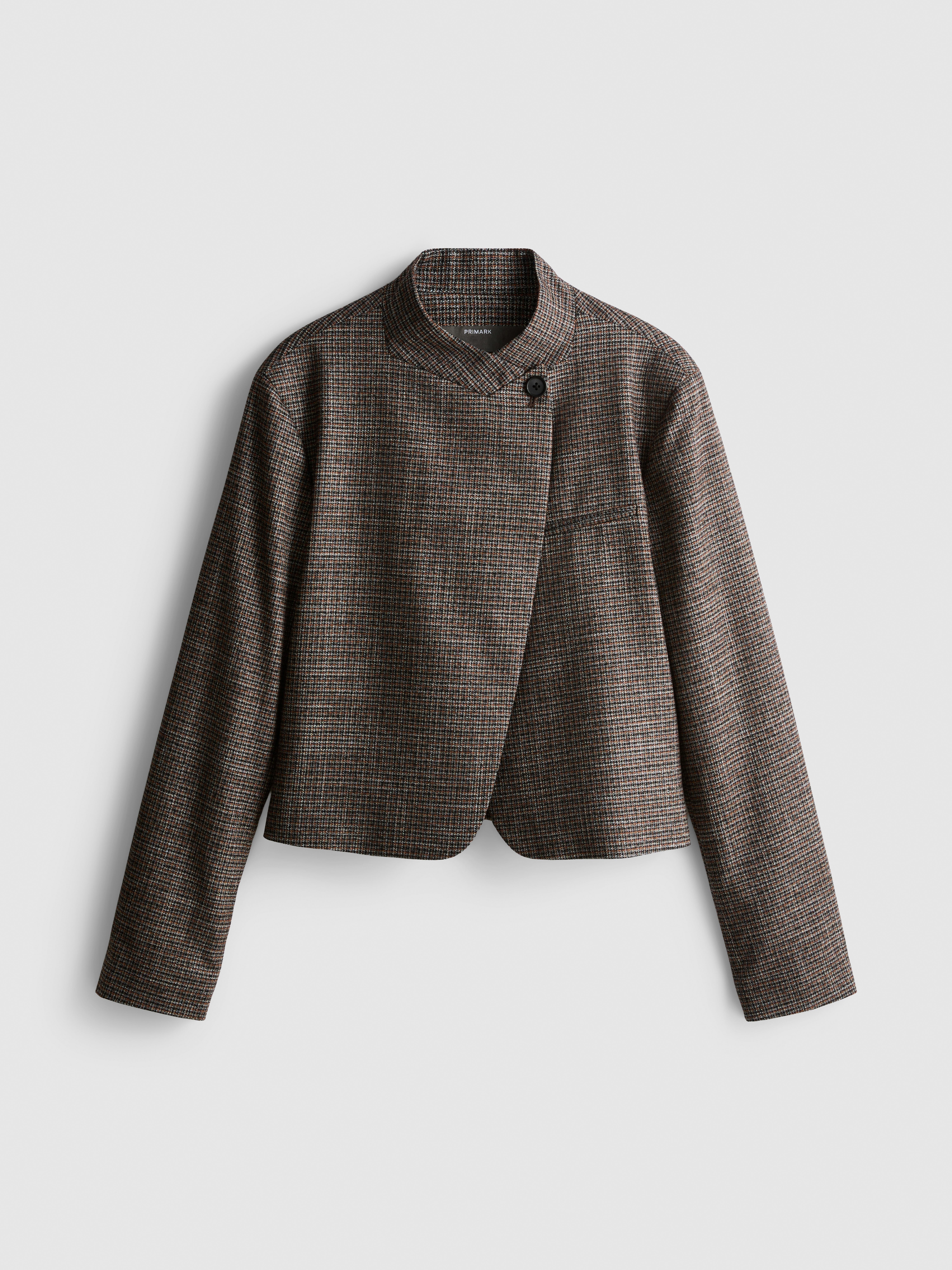 Cropped High-Neck Plaid Blazer