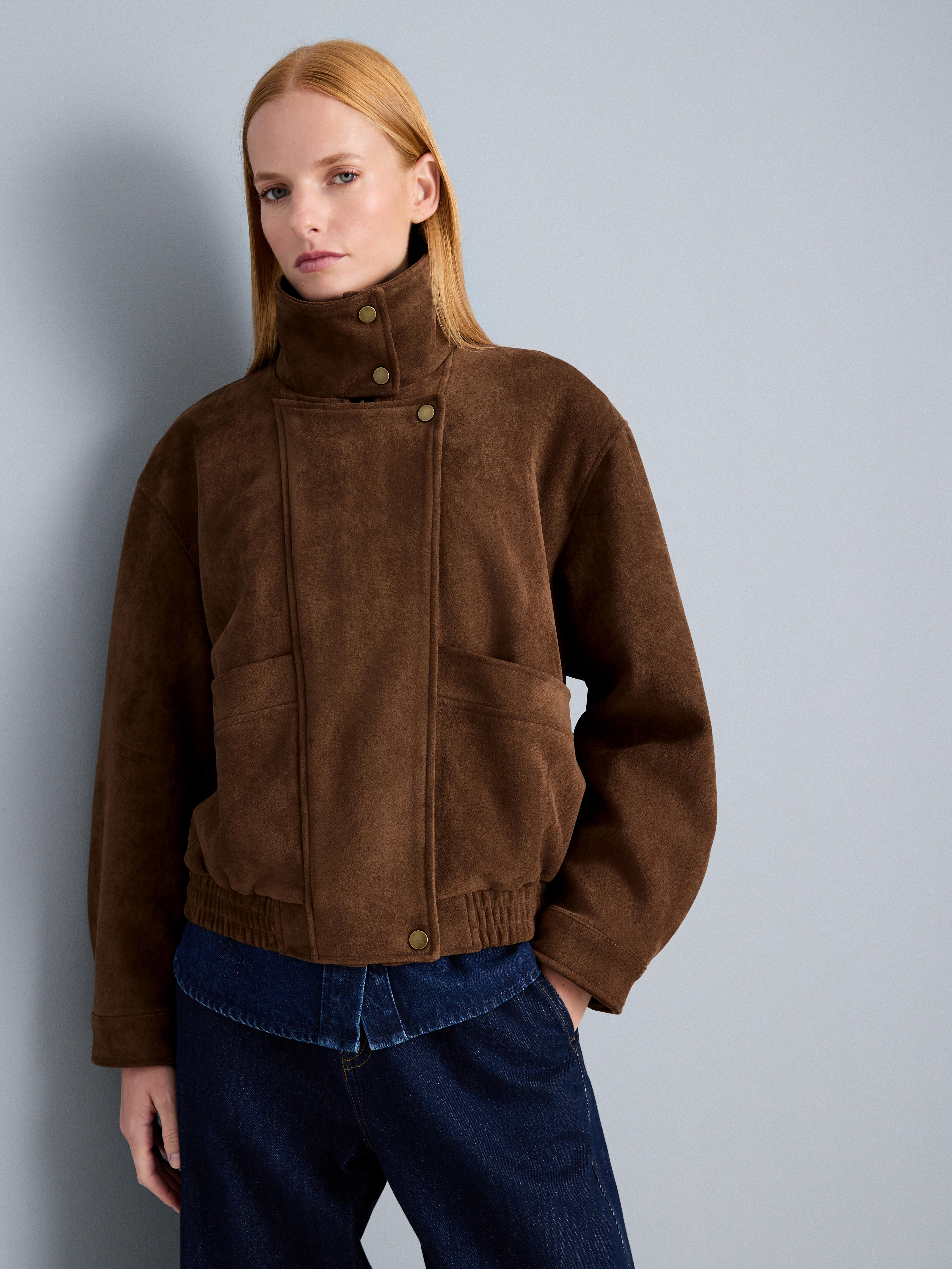 Faux Suede Funnel Neck Jacket