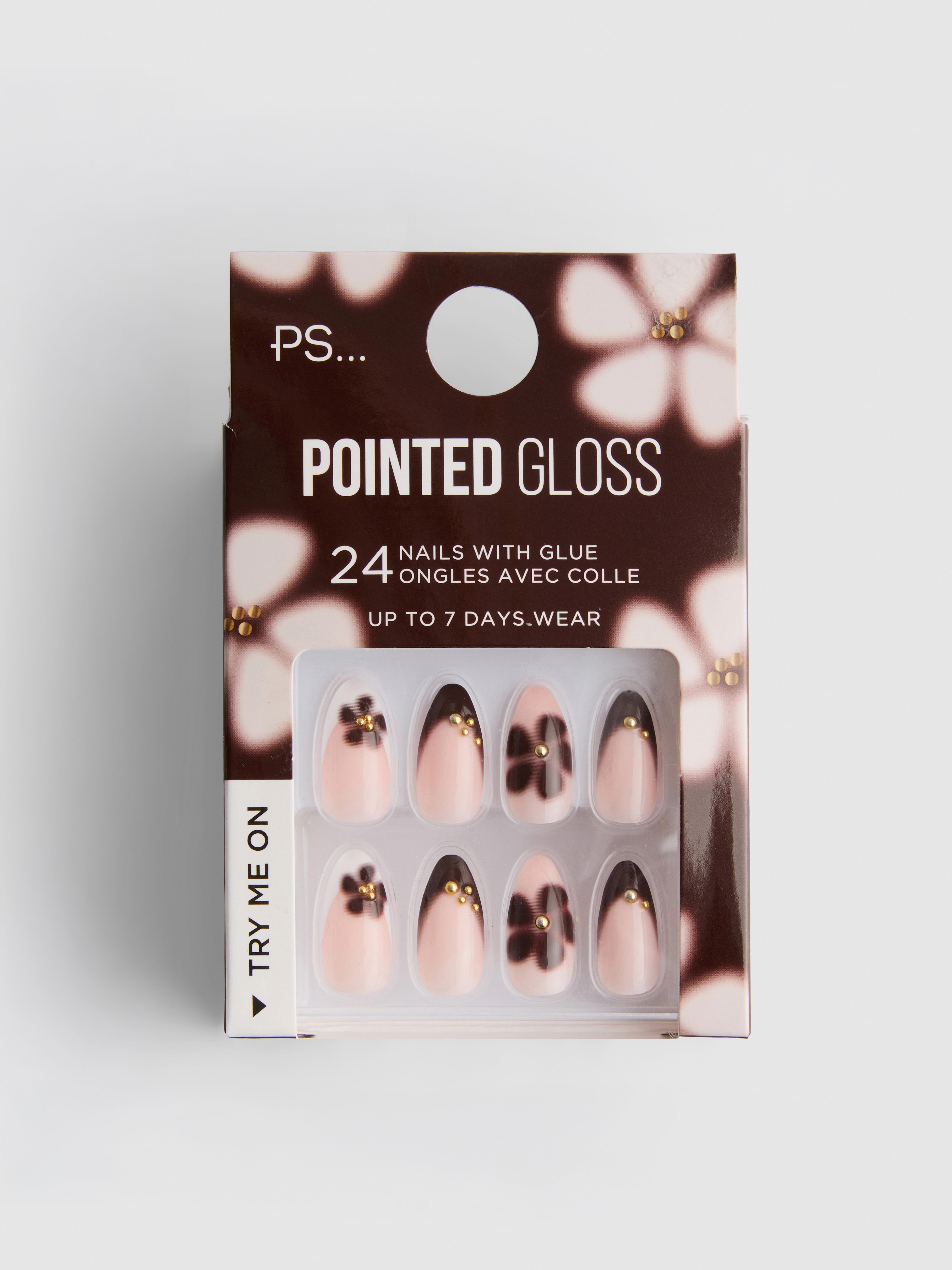 PS... Flower Print Pointed Gloss False Nails