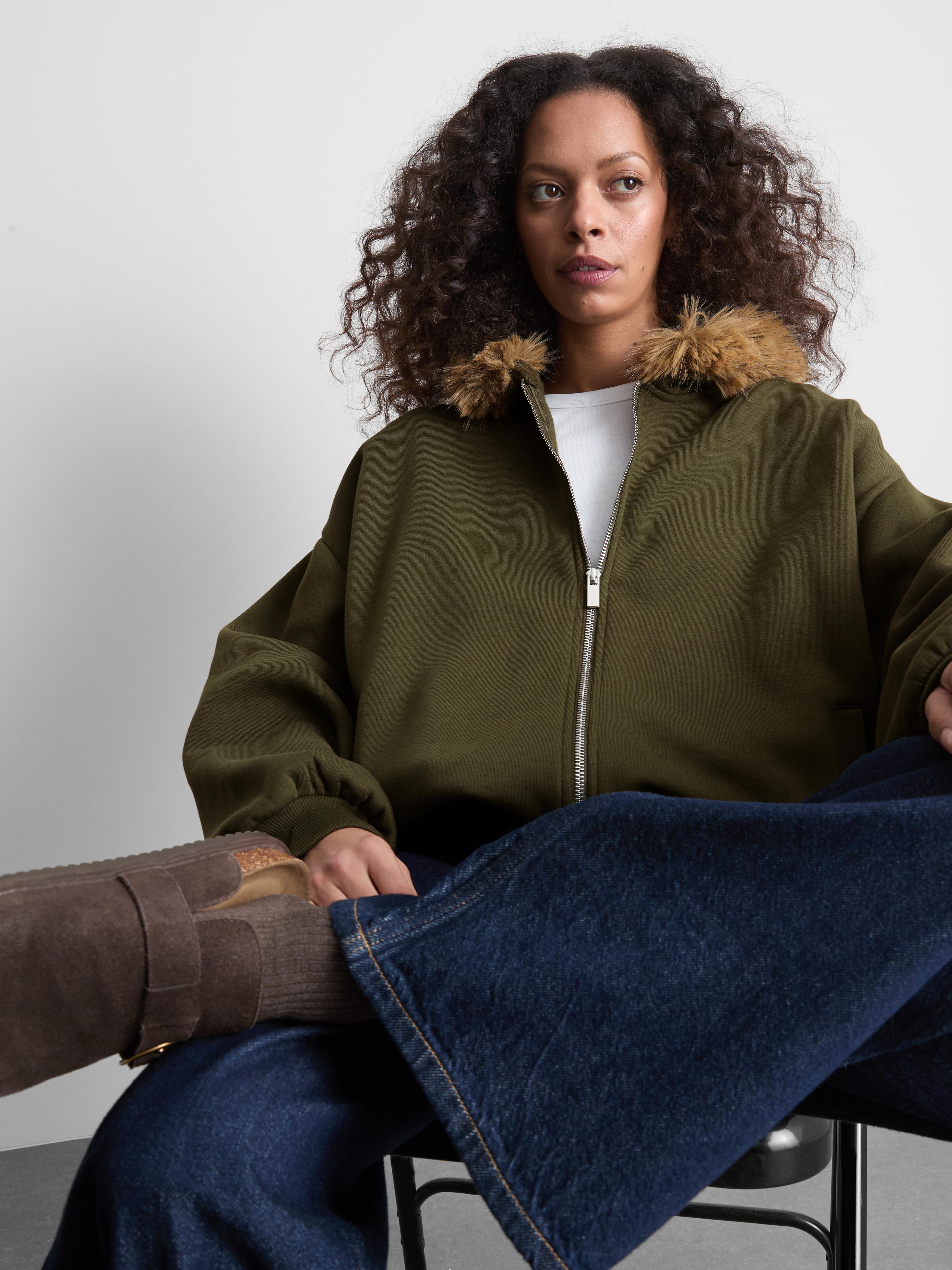 Cotton Rich Faux Fur Trim Zip Through Hoodie
