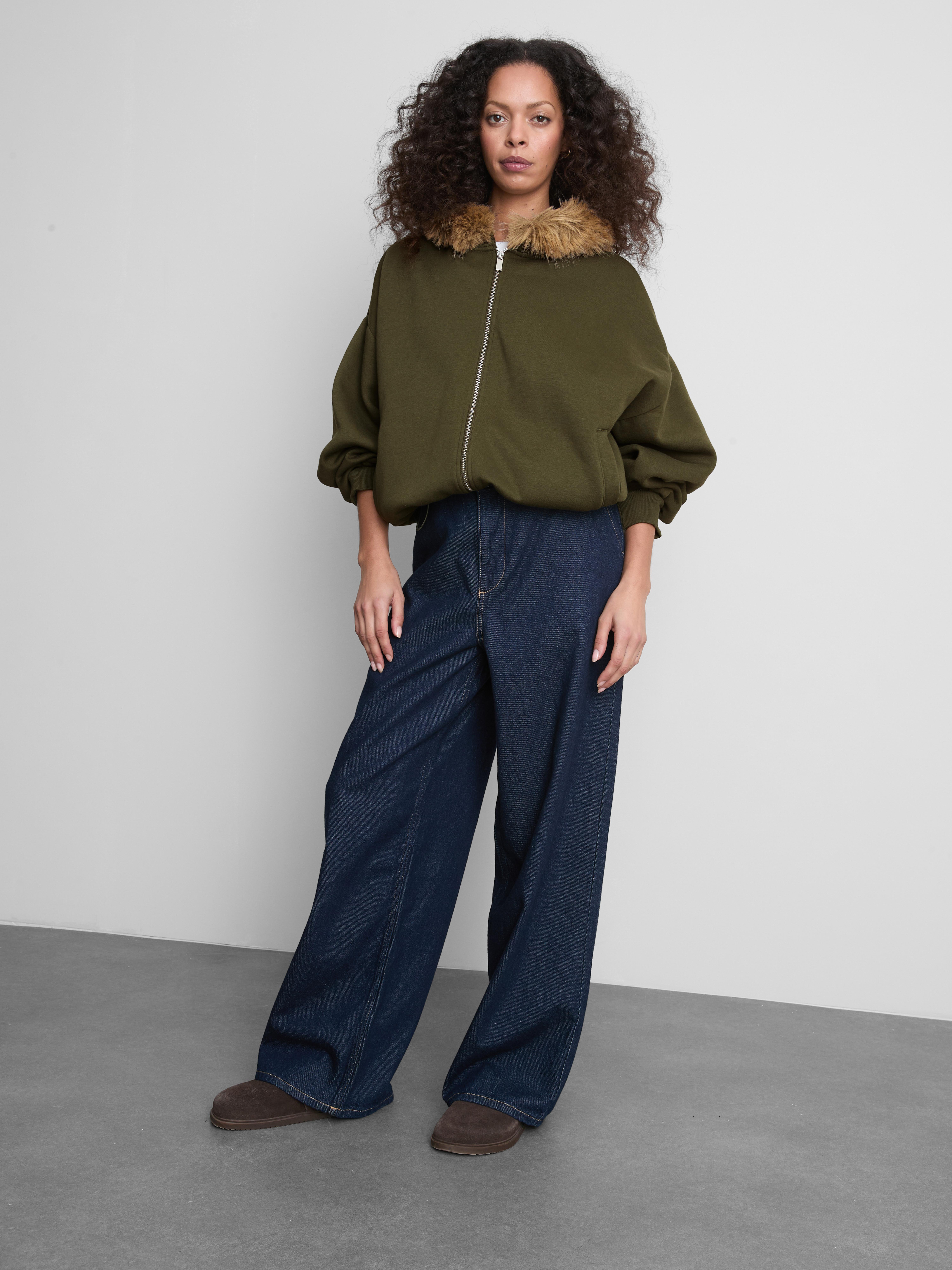 Cotton Rich Faux Fur Trim Zip Through Hoodie