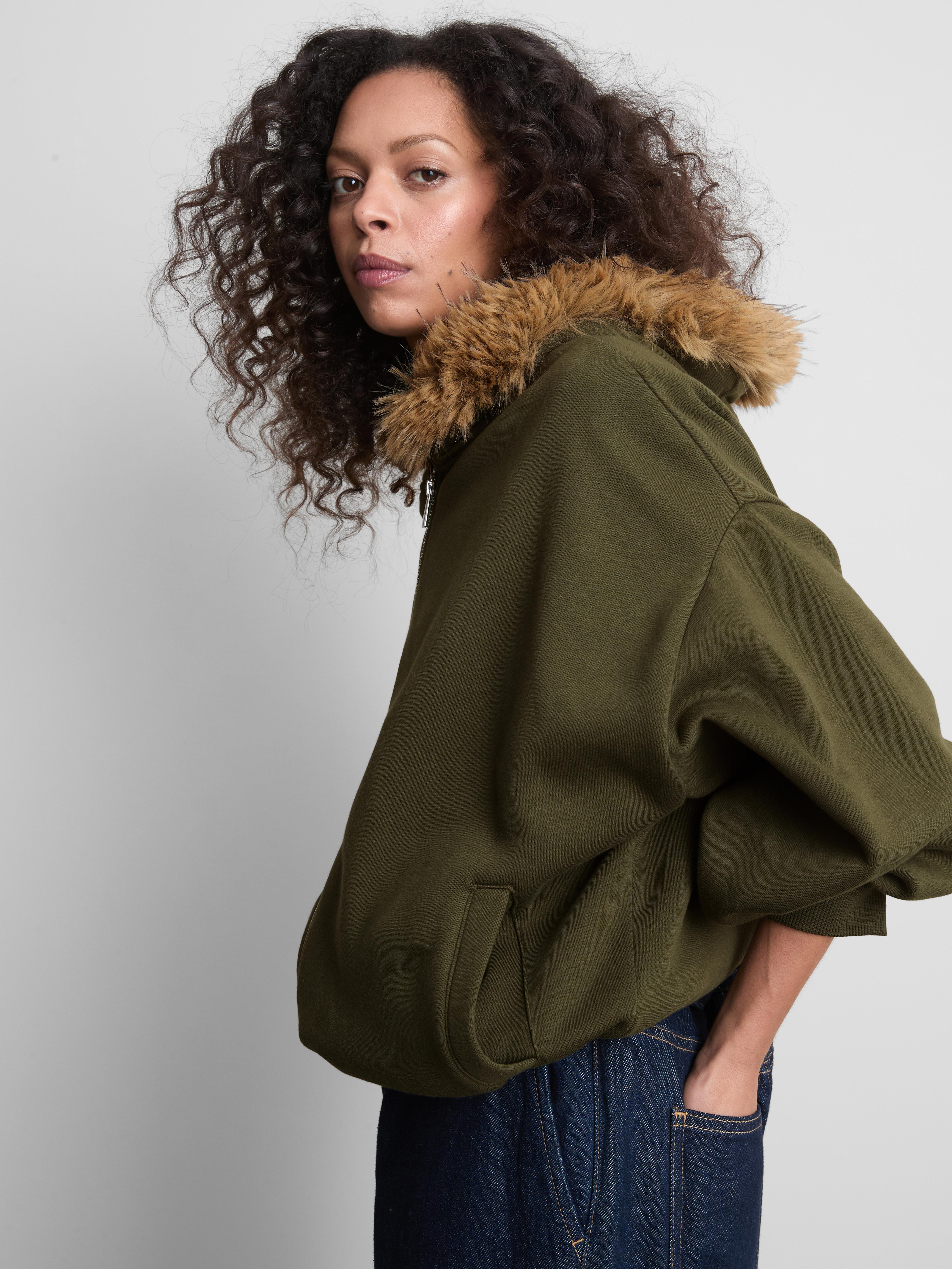 Cotton Rich Faux Fur Trim Zip Through Hoodie
