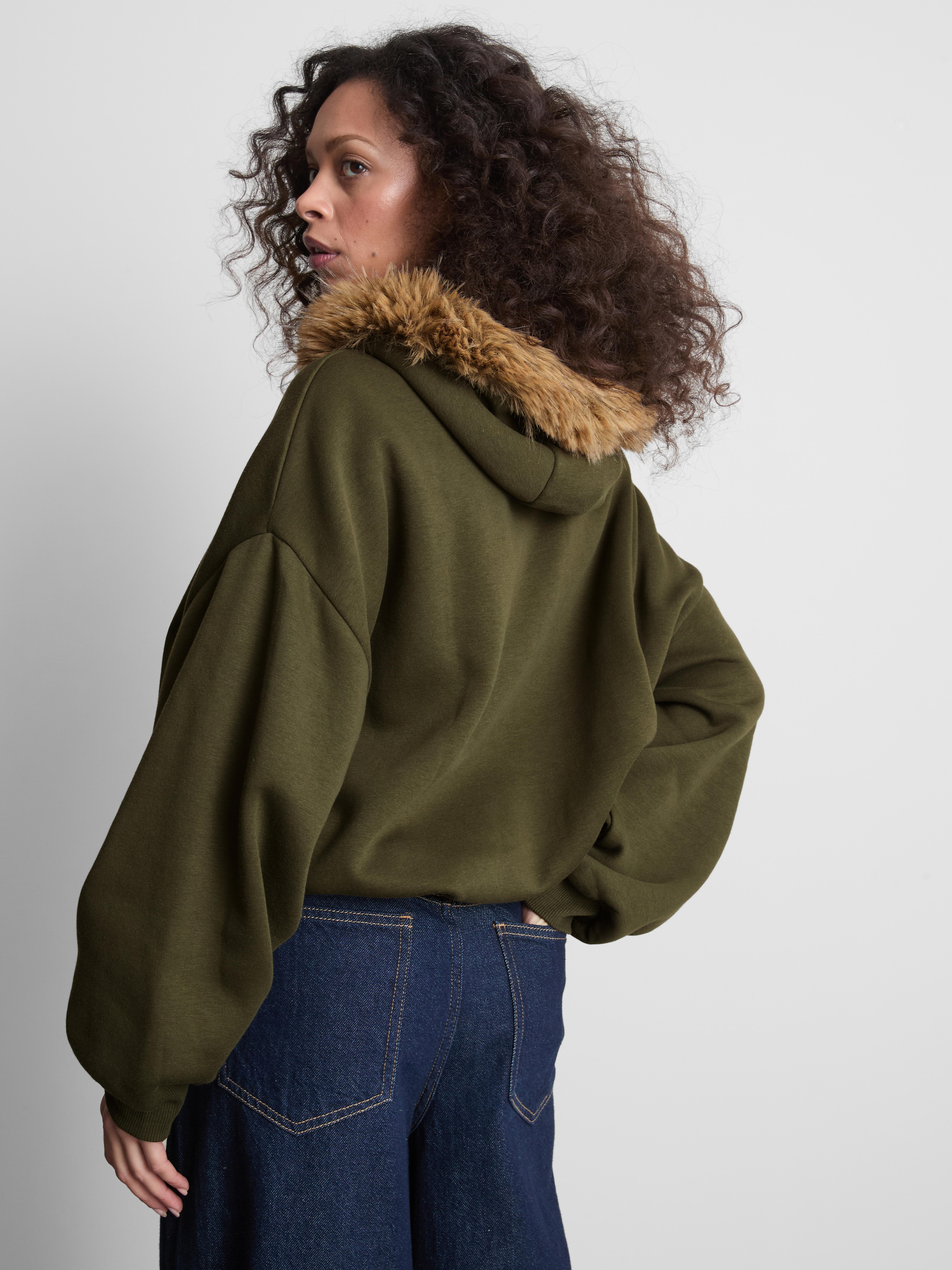 Cotton Rich Faux Fur Trim Zip Through Hoodie