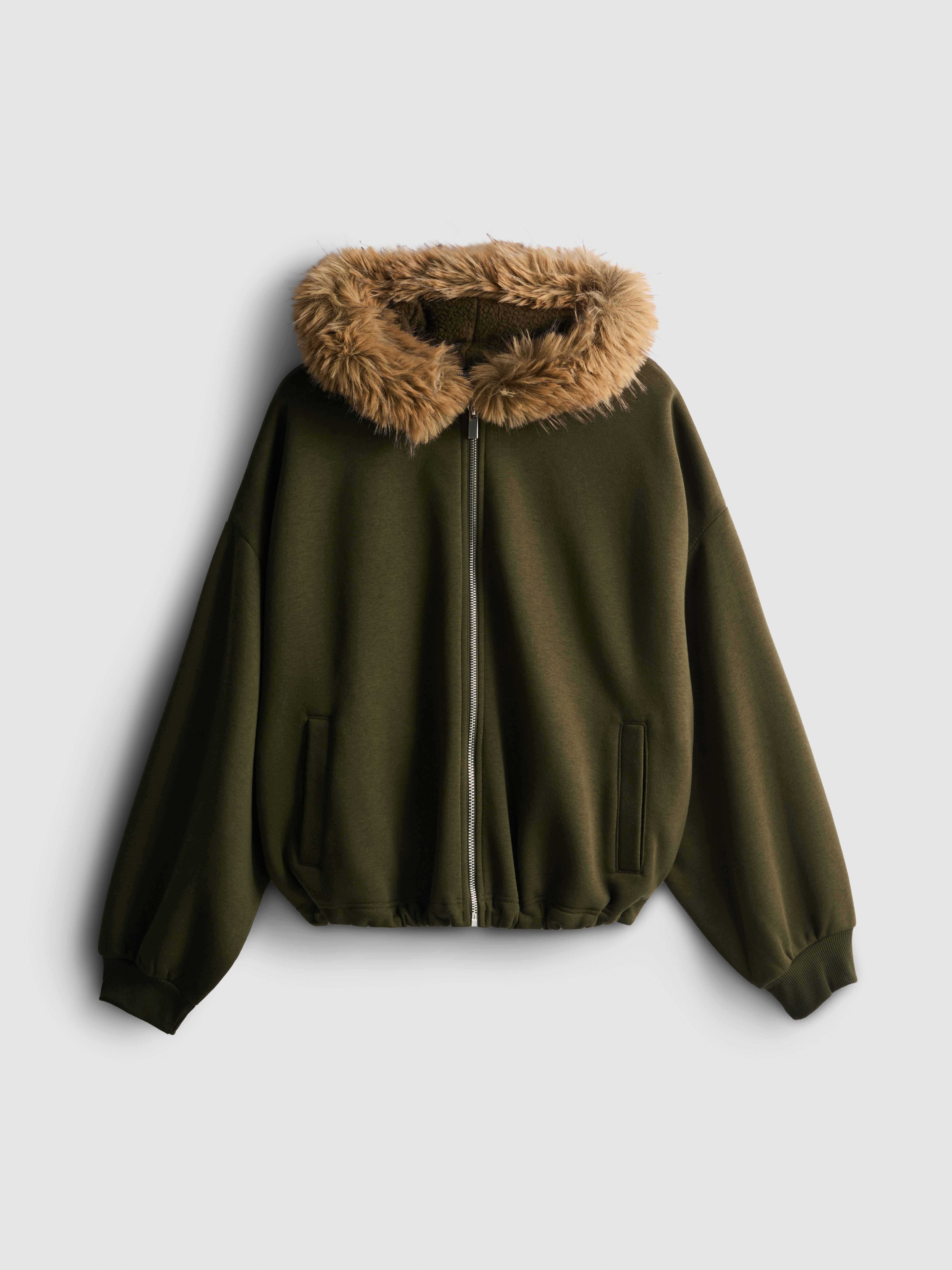 Cotton Rich Faux Fur Trim Zip Through Hoodie