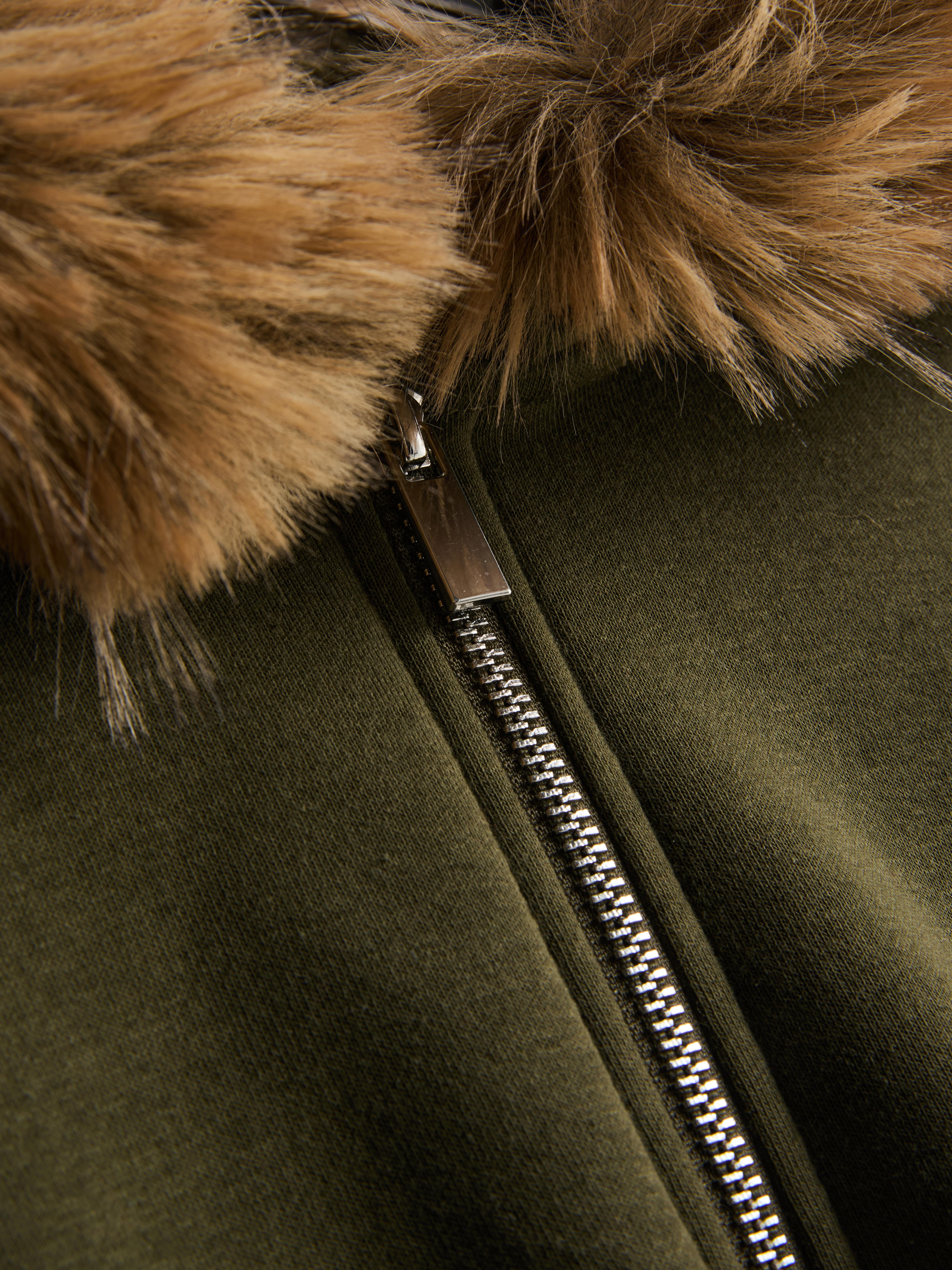 Cotton Rich Faux Fur Trim Zip Through Hoodie